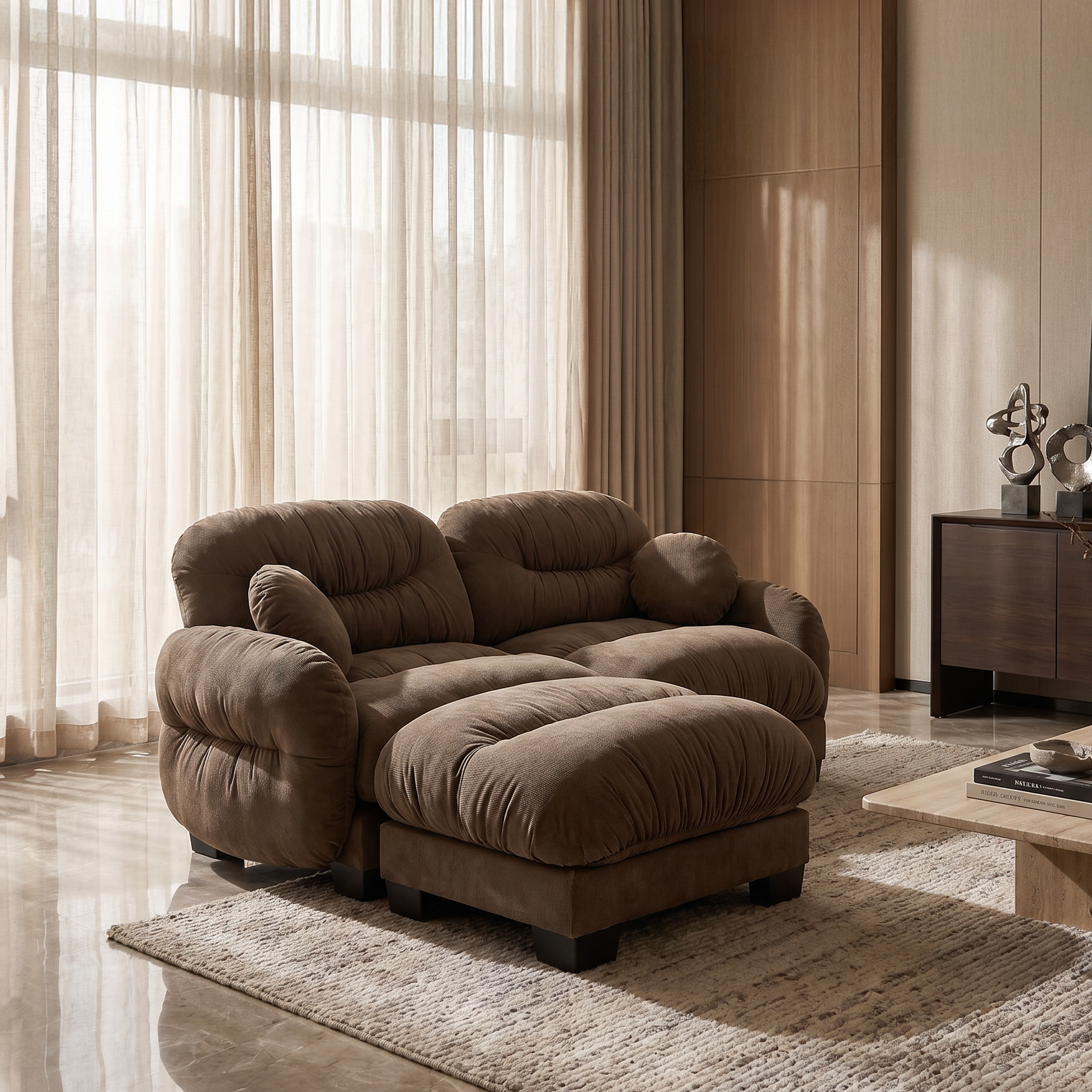 Seattle brown modular sofa showing plush chenille cushions and ottoman in sunlit interior