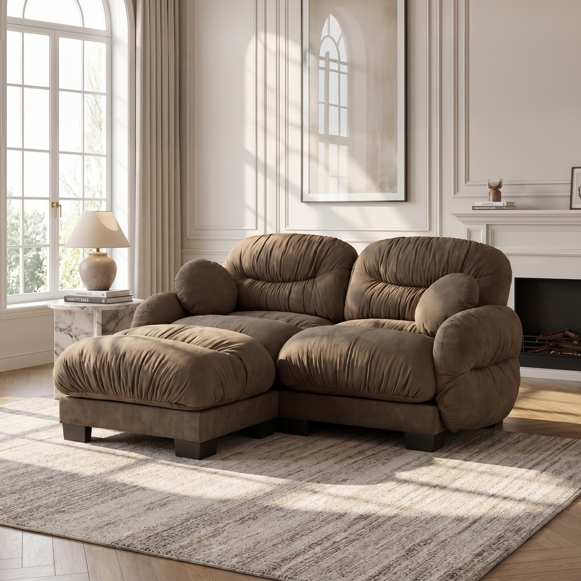 Seattle brown modular sofa showing oversized chenille seating with ottoman in bright living room