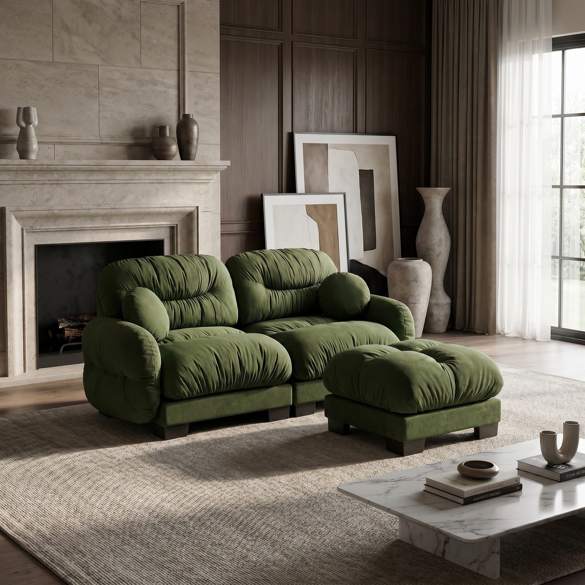 Seattle green modular sofa showing plush chenille seating with ottoman in a warm modern living room beside fireplace