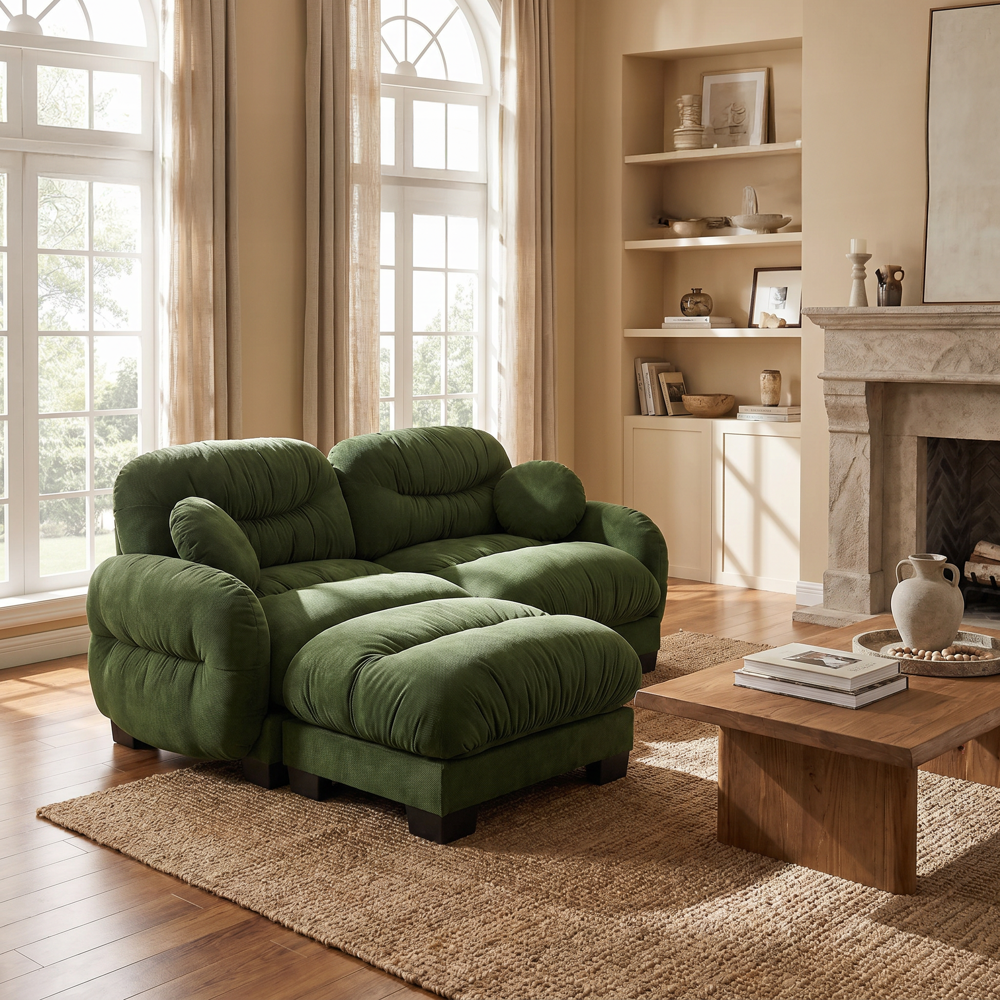 Seattle green modular sofa showing cozy modular layout in a bright sunlit interior