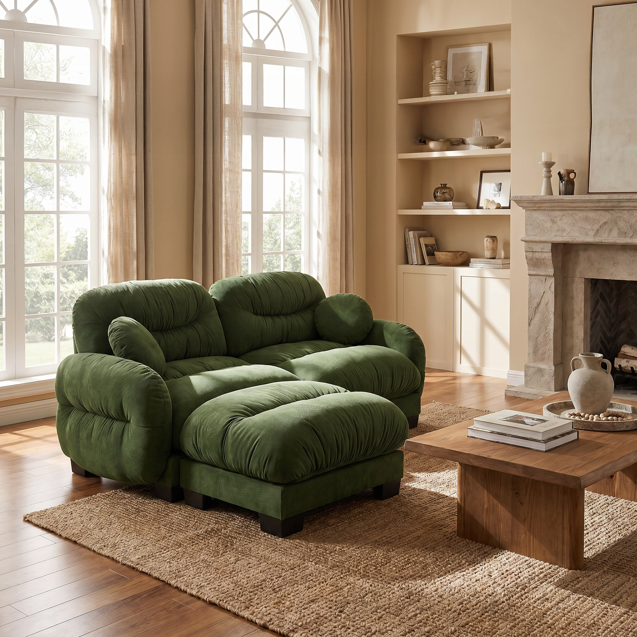 Seattle green modular sofa showing cozy modular layout in a bright sunlit interior