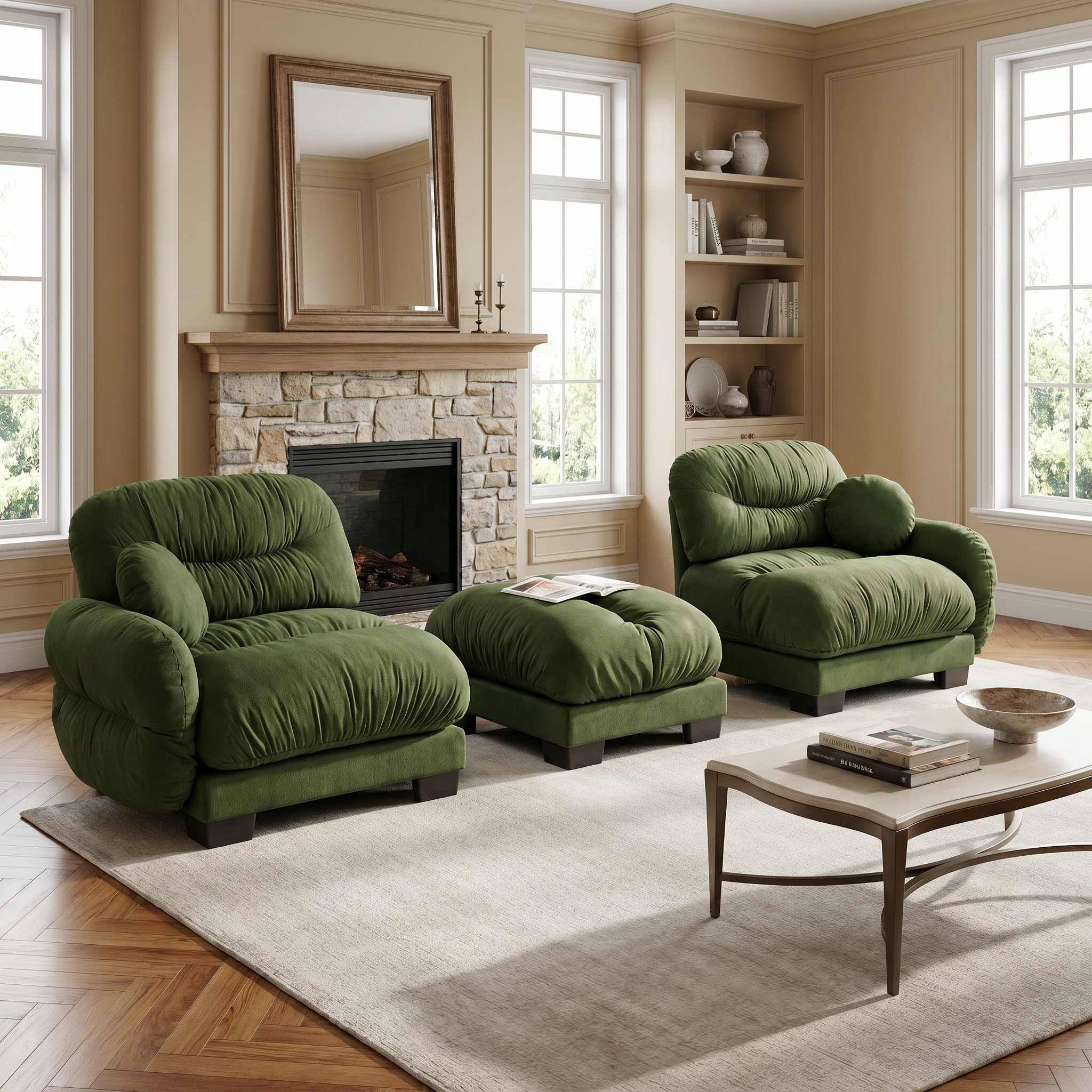 Seattle green modular sofa showing two lounge chairs with matching ottoman in an elegant contemporary living room