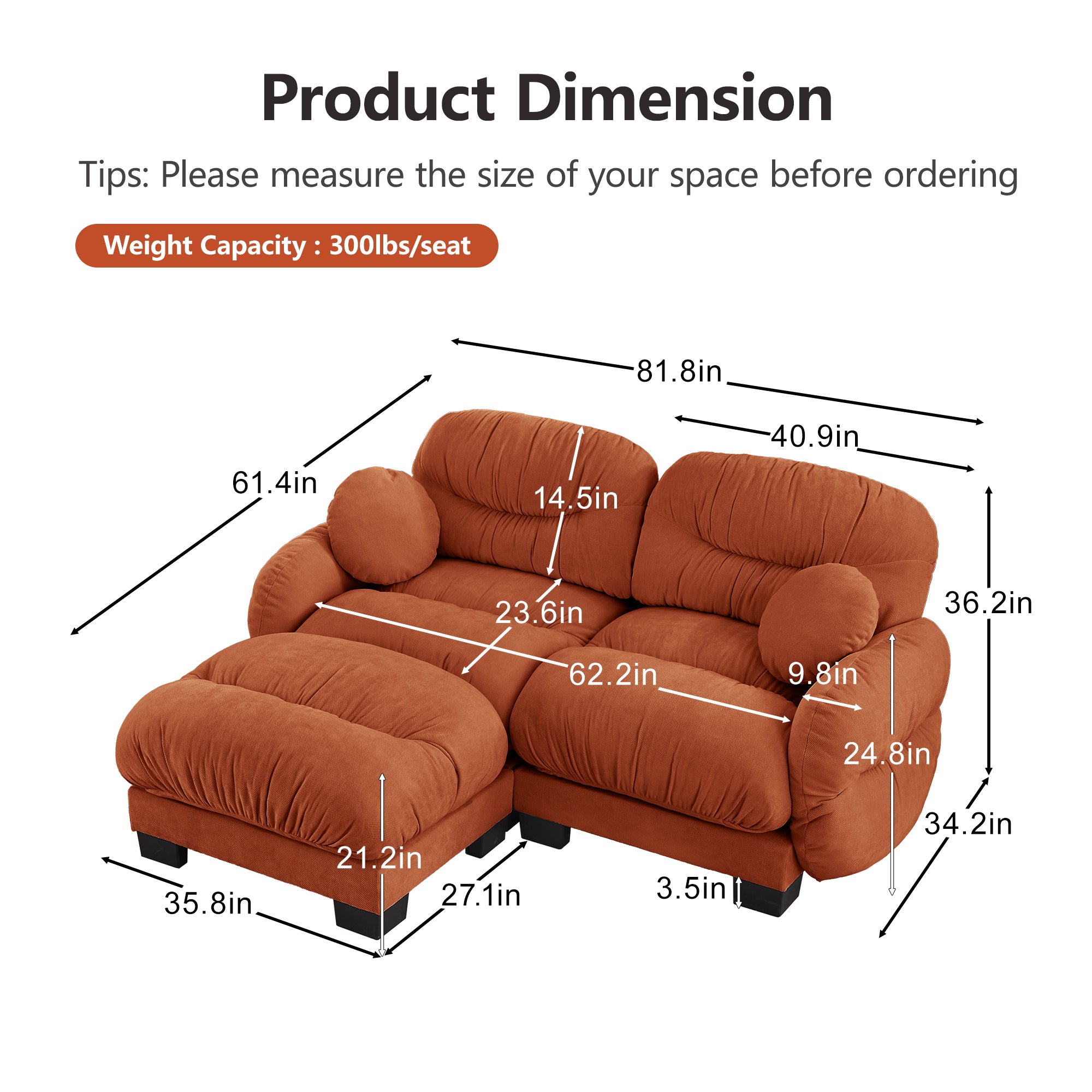 Seattle orange modular sofa showing product dimensions and seating measurements