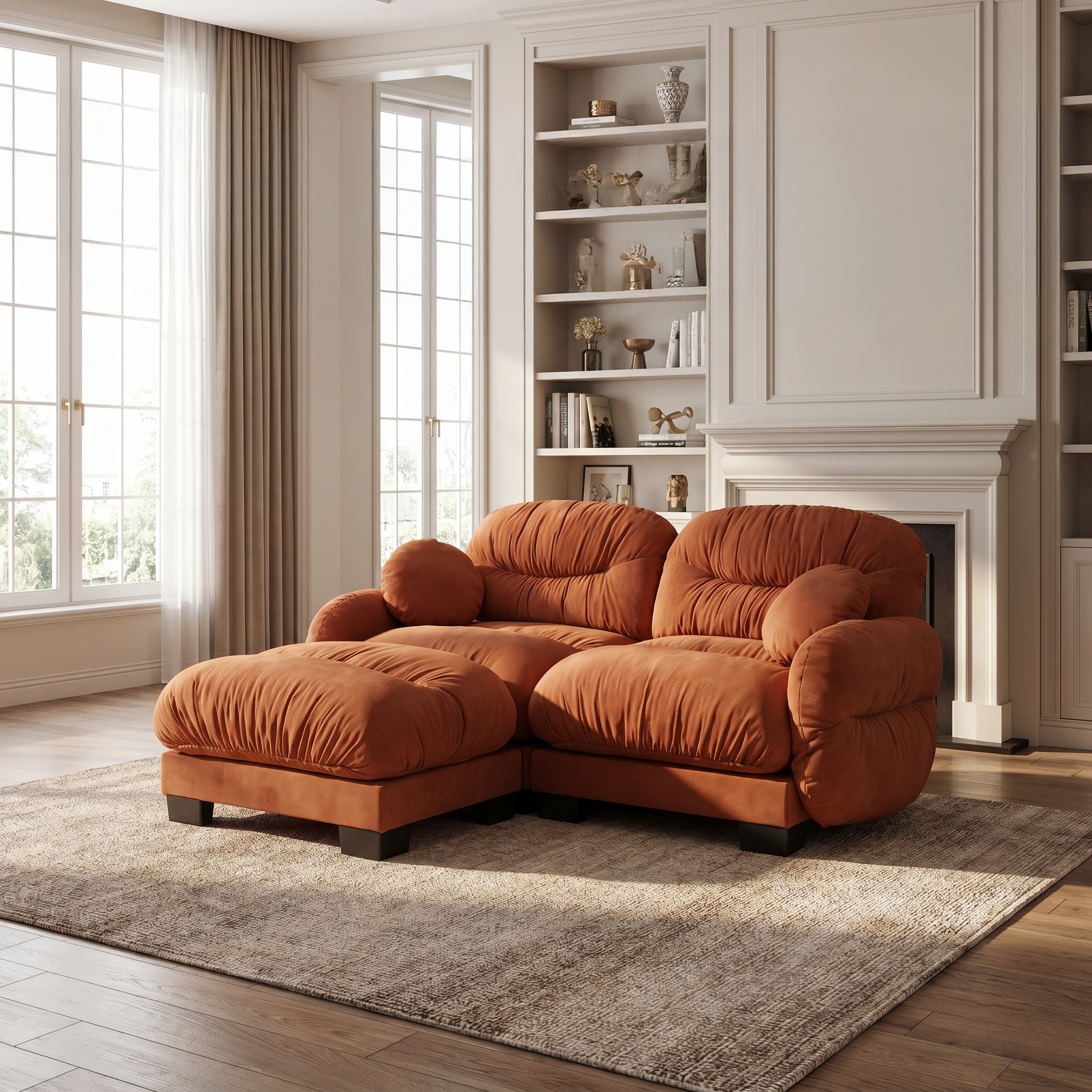 Seattle orange modular sofa styled in a bright modern living room with fireplace and soft natural lighting