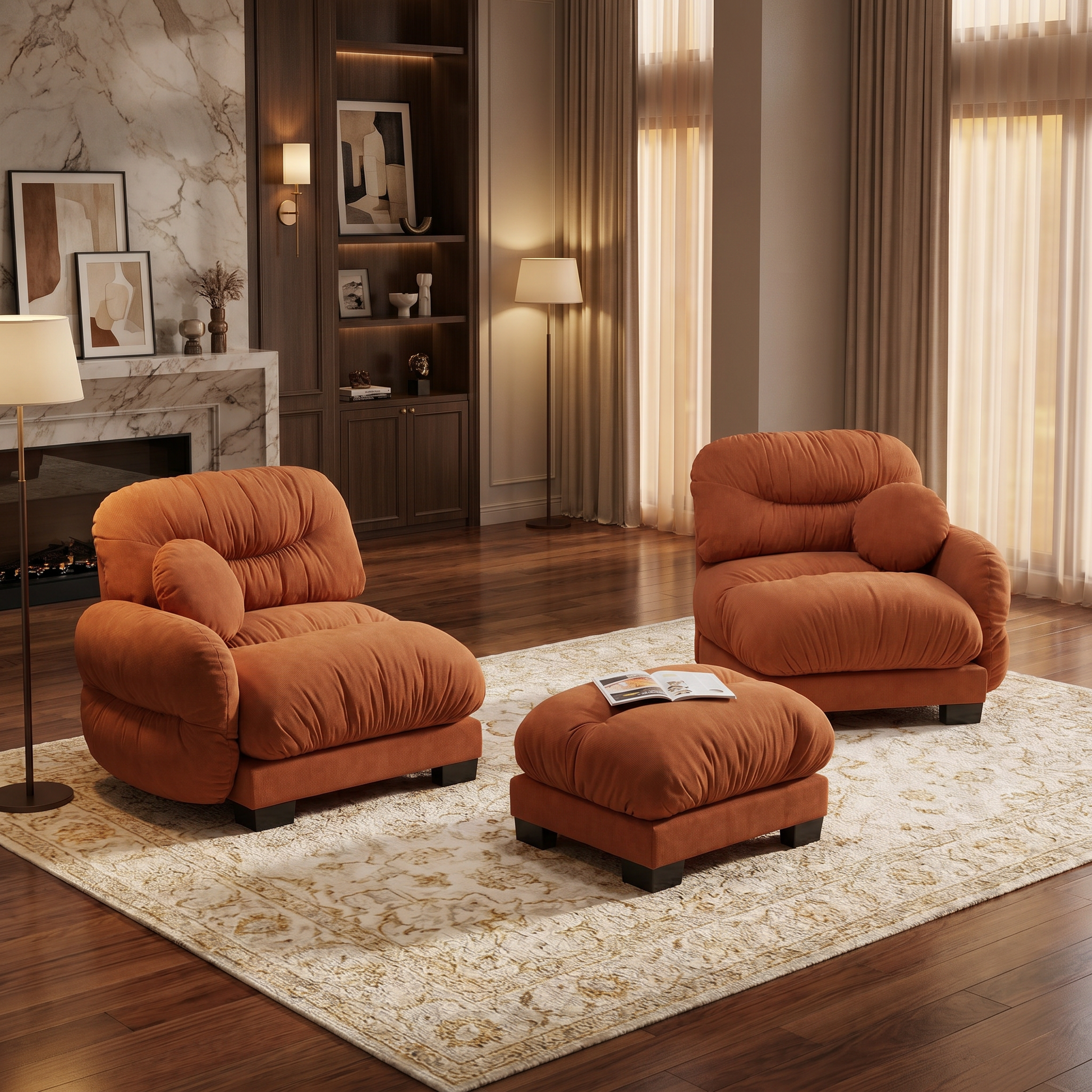 Seattle orange modular sofa featured in an elegant living room with marble fireplace and warm ambient lighting