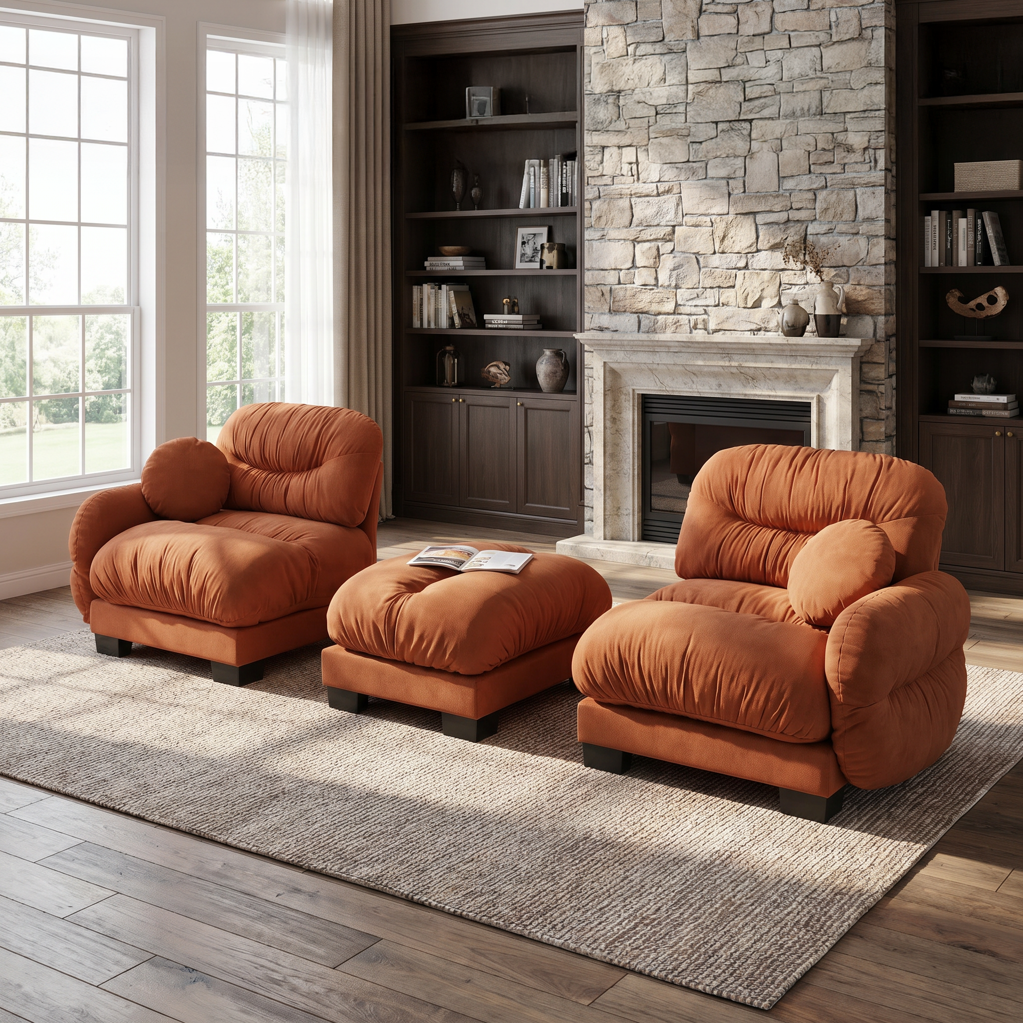 Seattle orange modular sofa arranged with ottoman in a cozy stone fireplace living room setting
