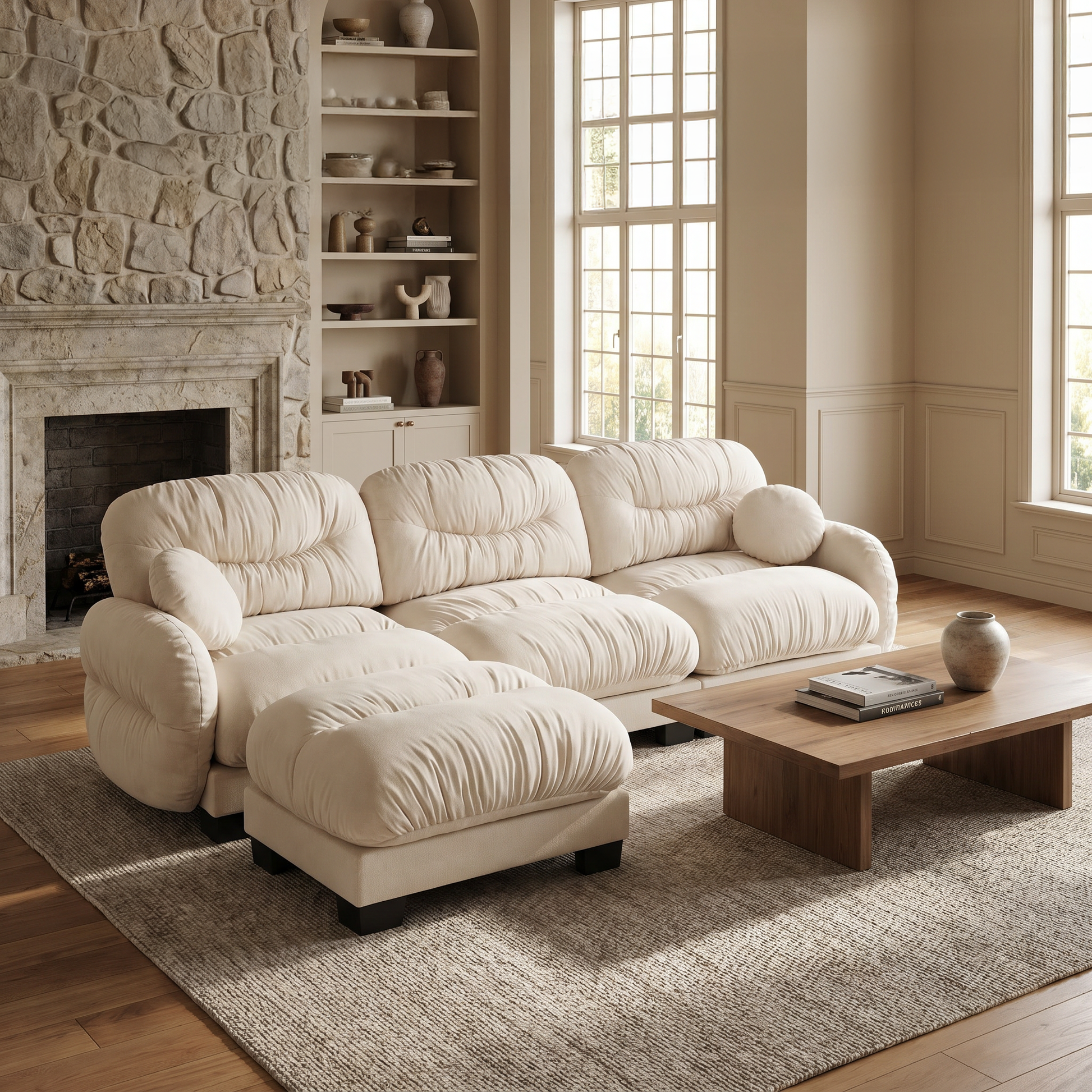 Beige modular sectional sofa in a warm living room with stone fireplace, wood coffee table, and neutral decor