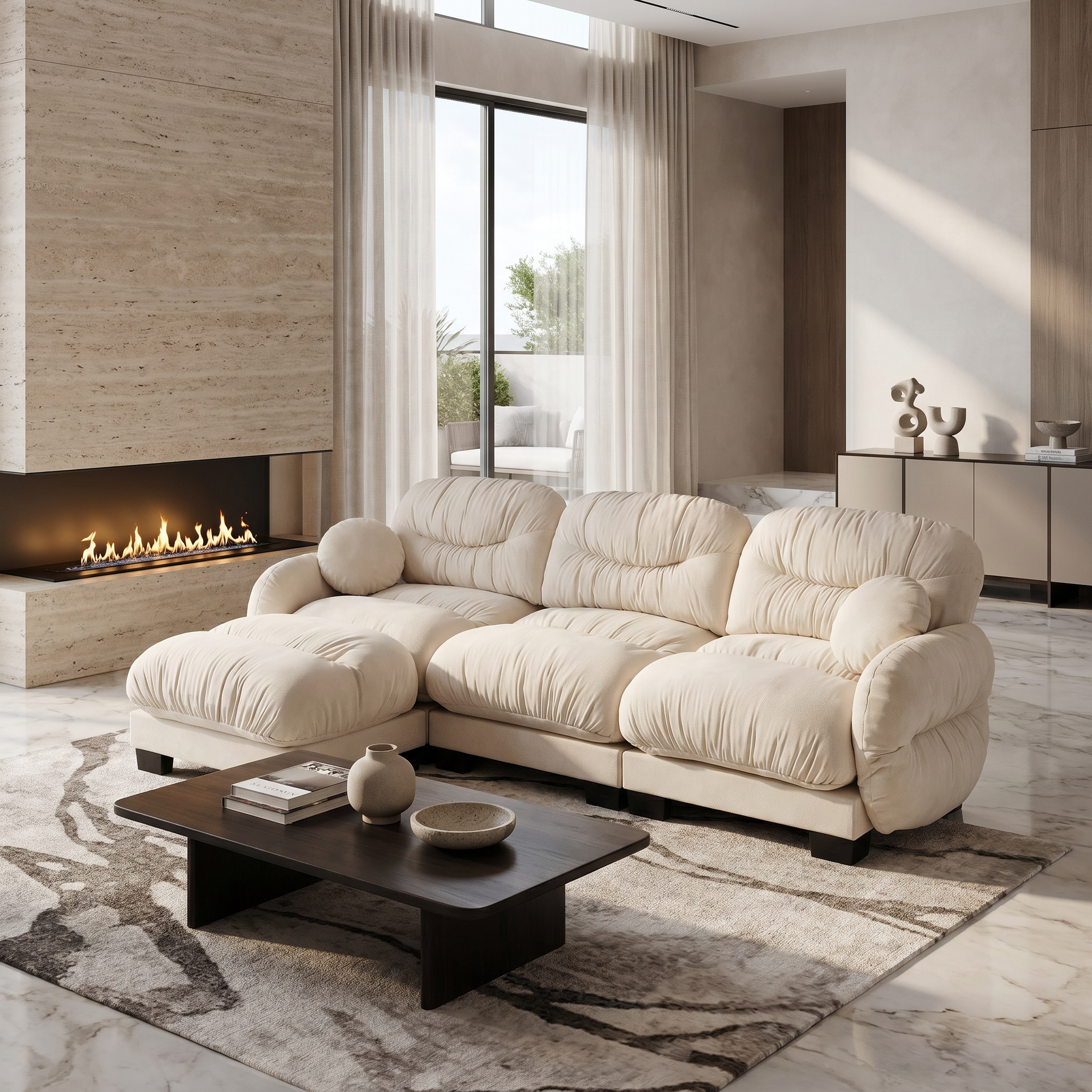 Beige modular sectional sofa in a modern living room with fireplace, marble flooring, and soft natural lighting