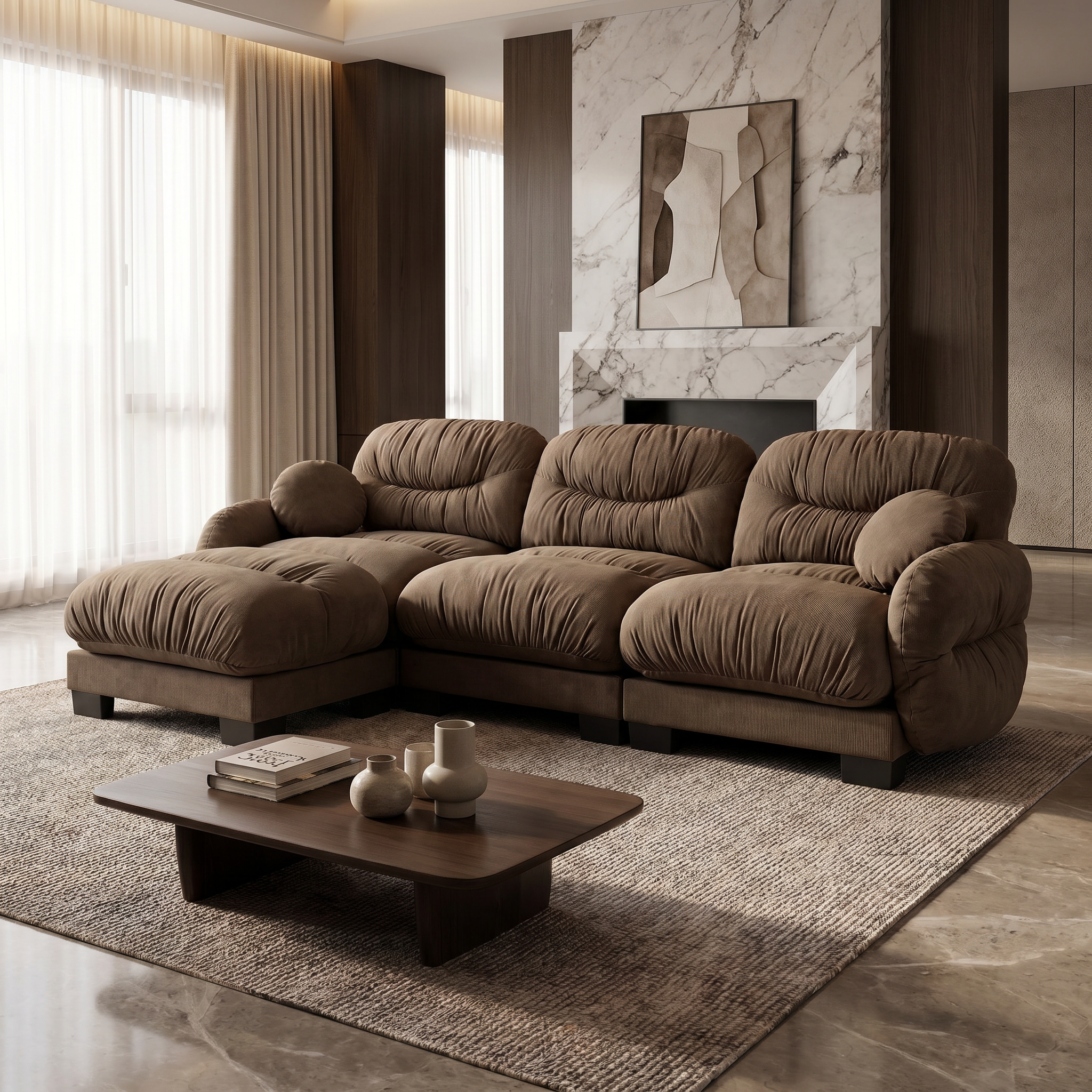 Seattle brown sectional sofa in a luxurious living room with marble fireplace and dark wood wall panels