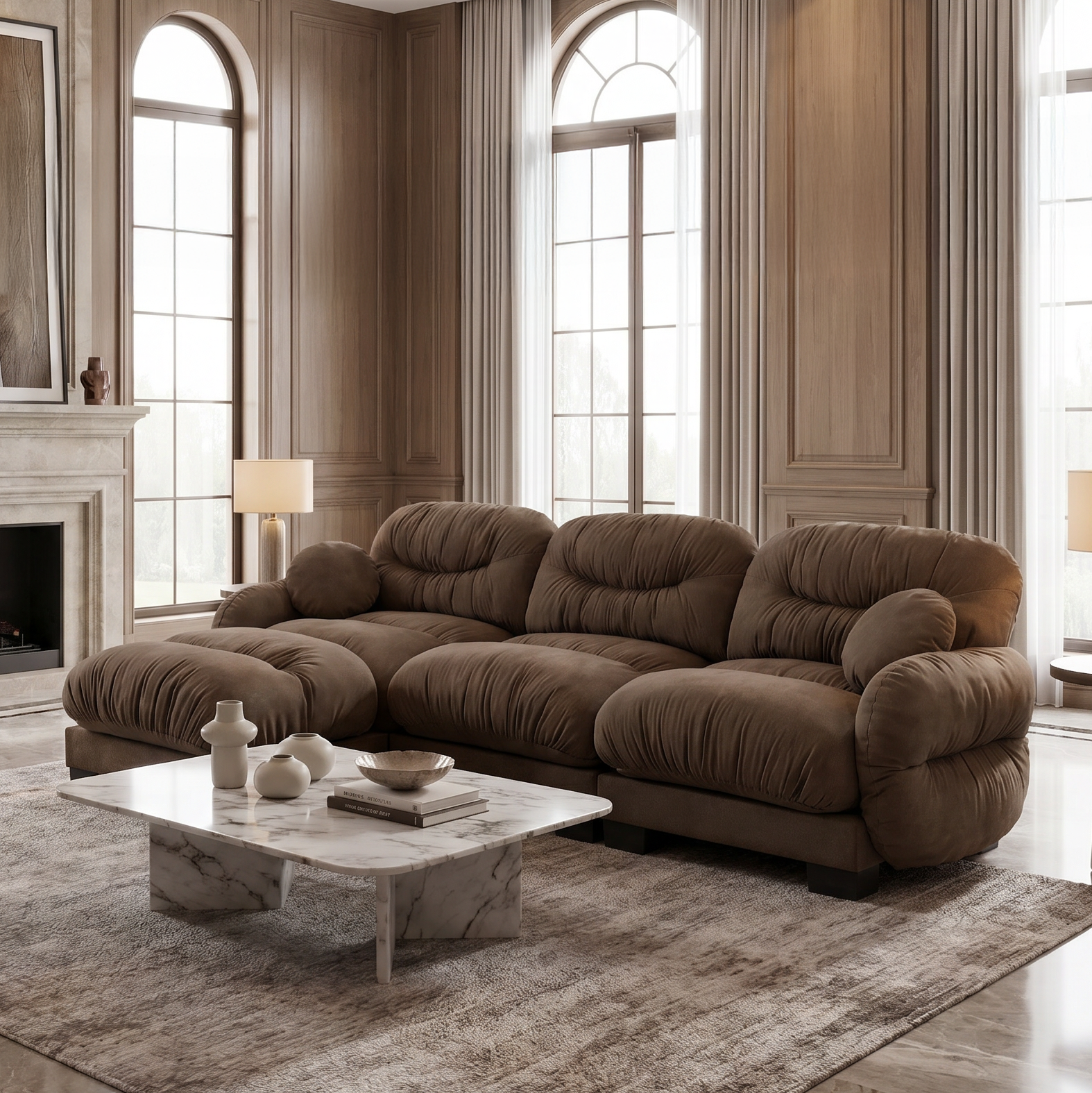 Seattle brown sectional sofa in a bright contemporary living room with tall arched windows