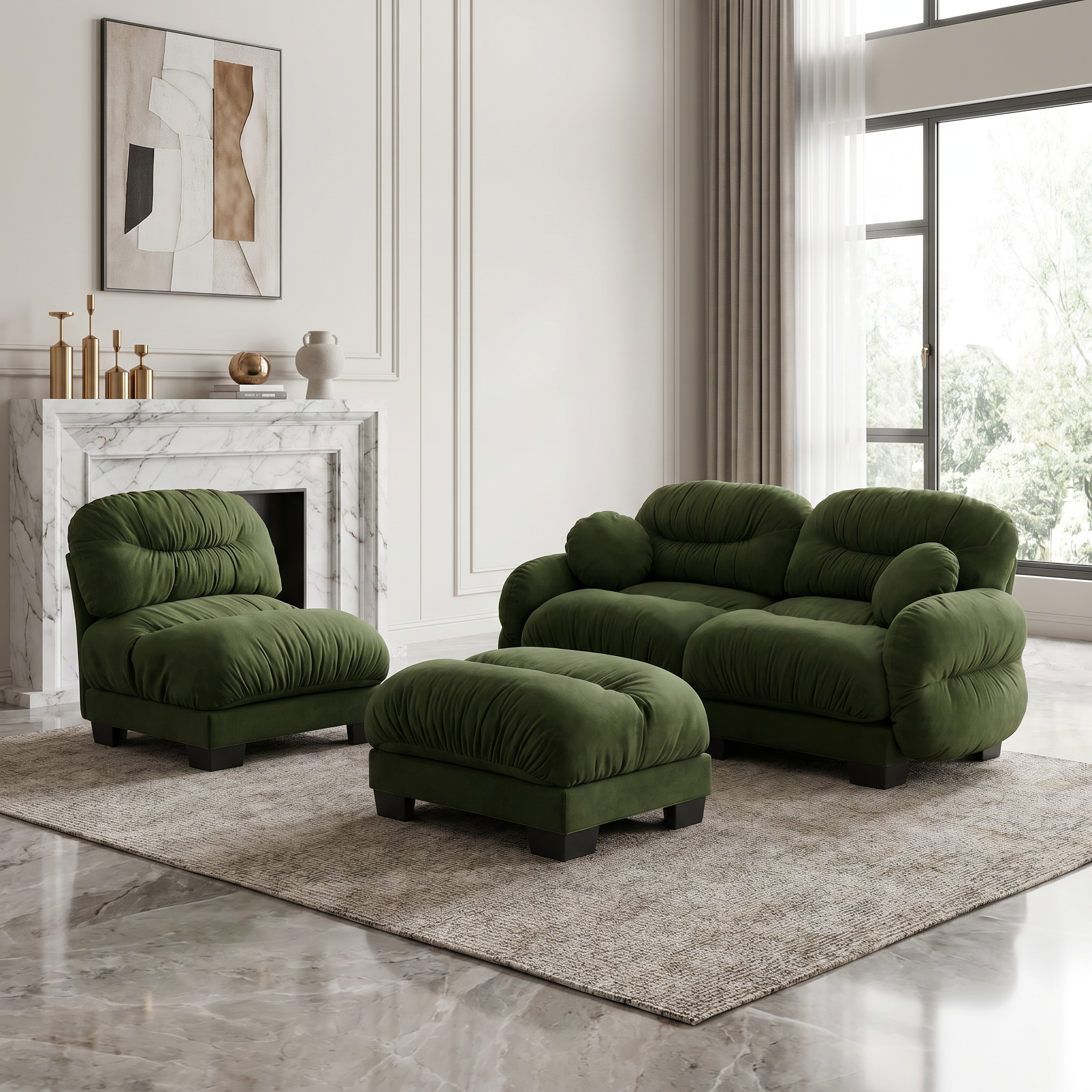 Green sectional sofa in a bright modern living room with marble fireplace and neutral decor