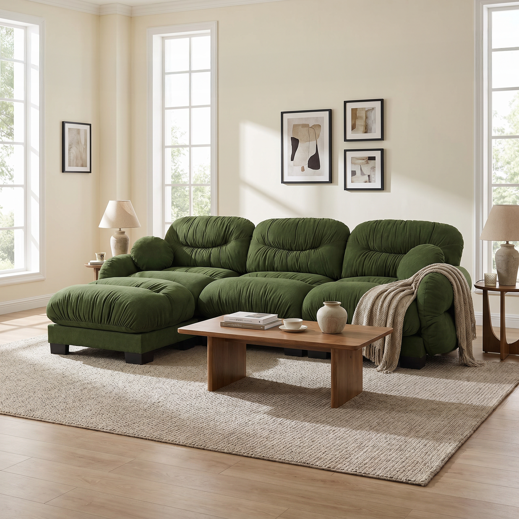 Green modular sectional sofa in a cozy living room with wood coffee table and framed wall art
