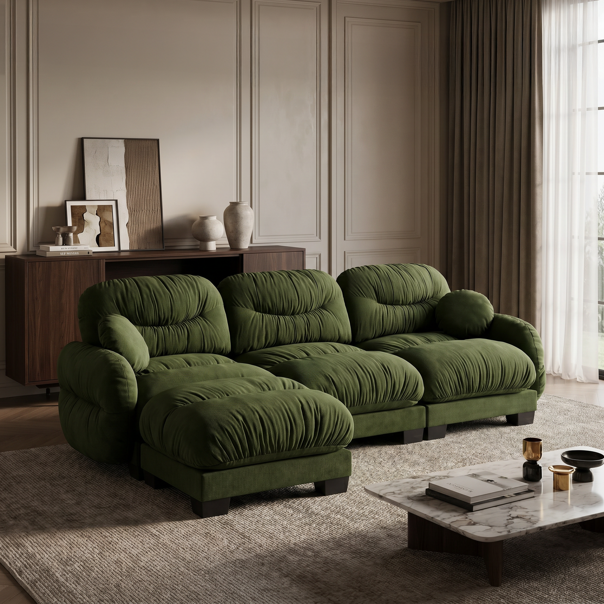 Green chenille sectional sofa in a modern living room with dark wood accents and soft lighting