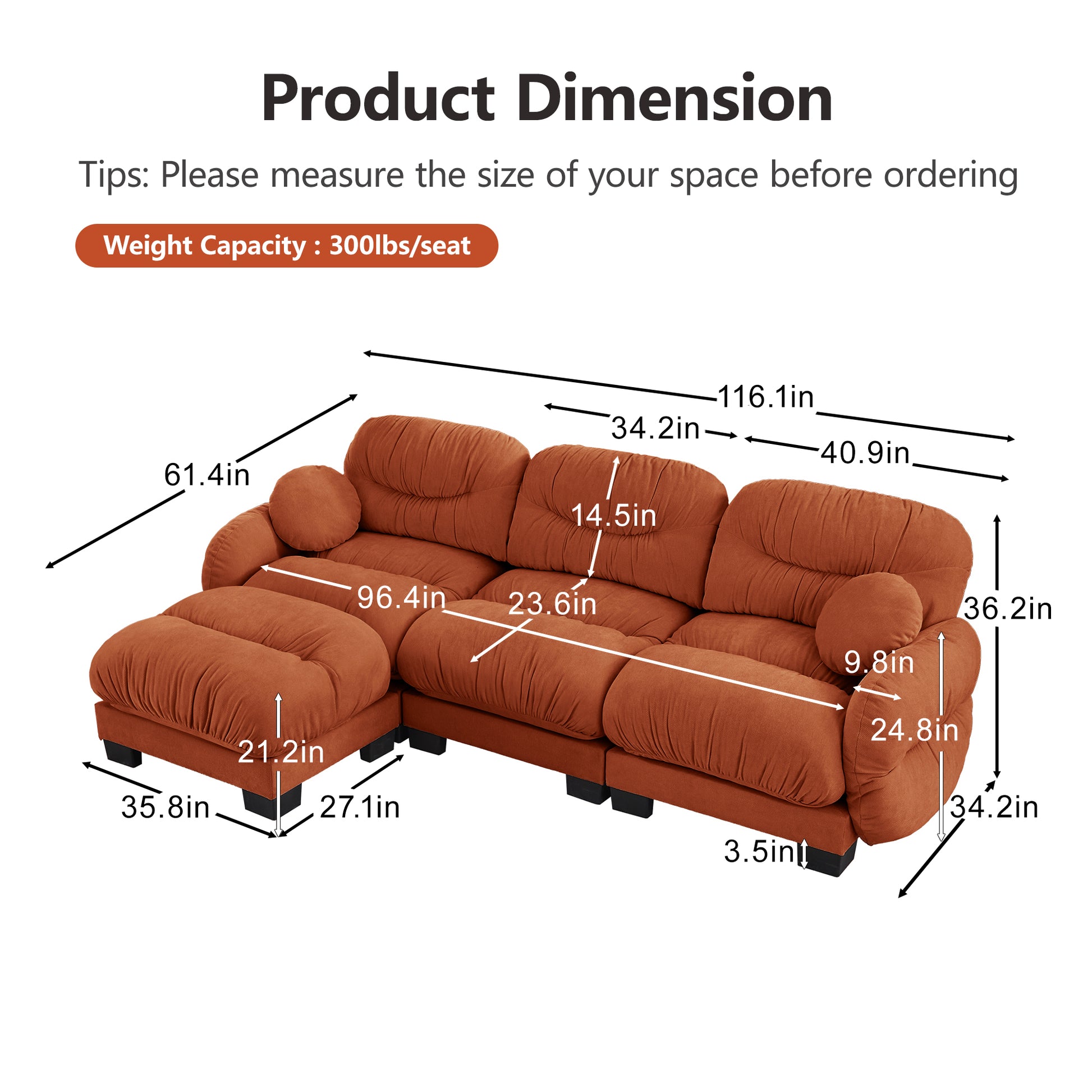 Seattle orange sectional sofa showing product dimensions and seating measurements