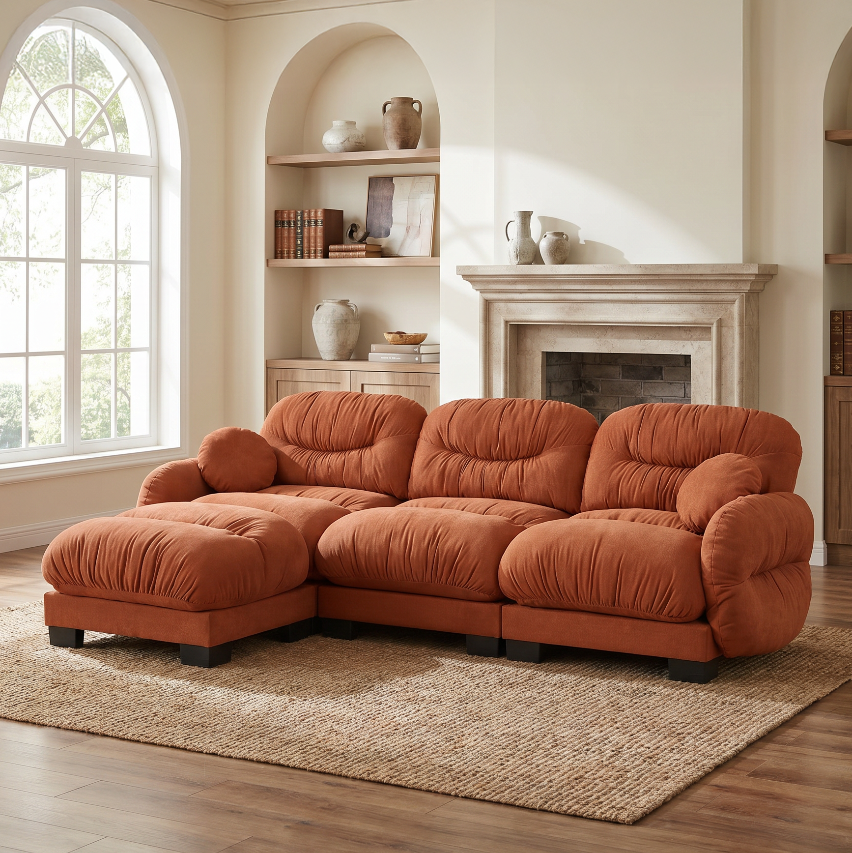 Seattle orange sectional sofa in a cozy living room with arched window and fireplace setting