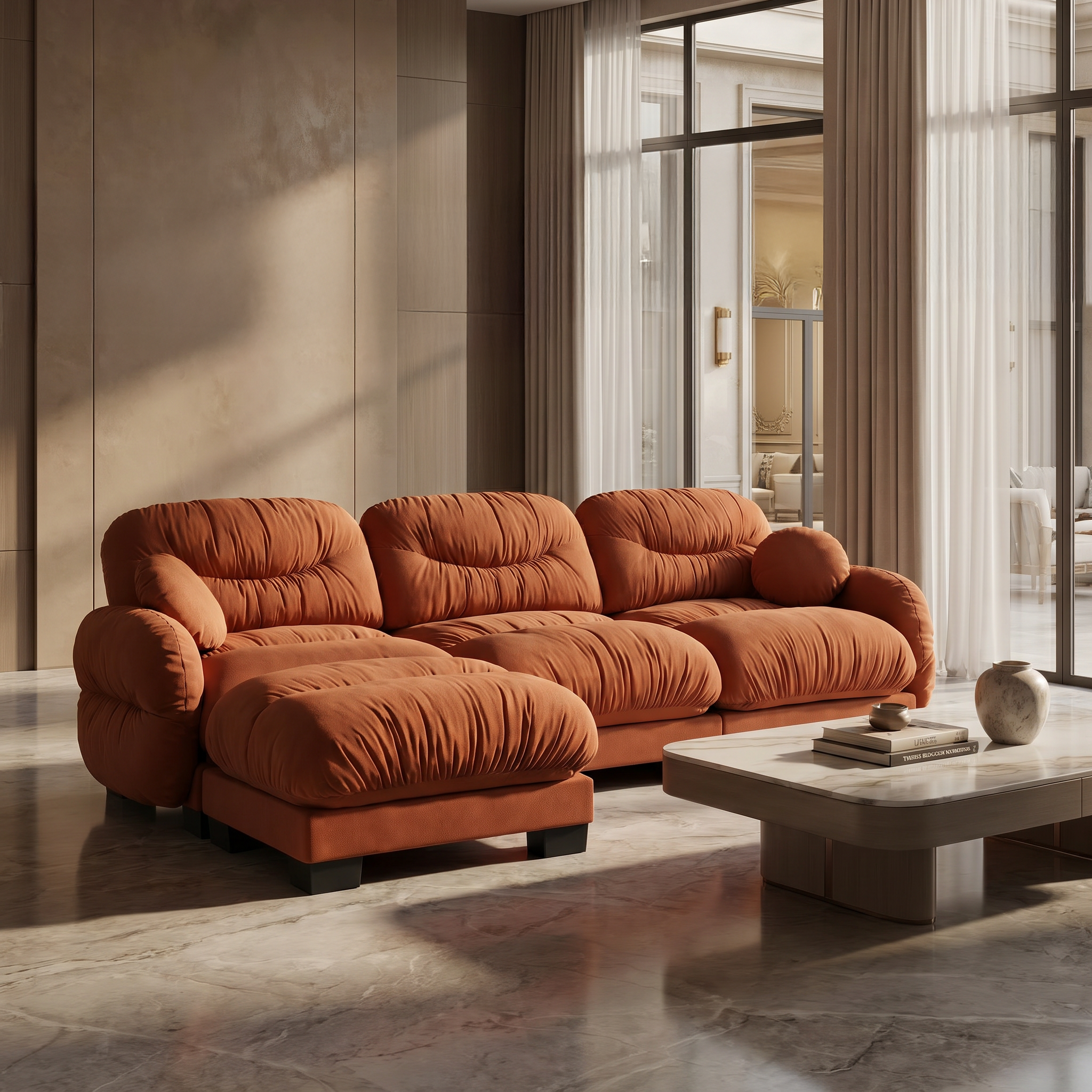 Seattle orange sectional sofa in a modern living room with floor-to-ceiling windows and warm natural lighting