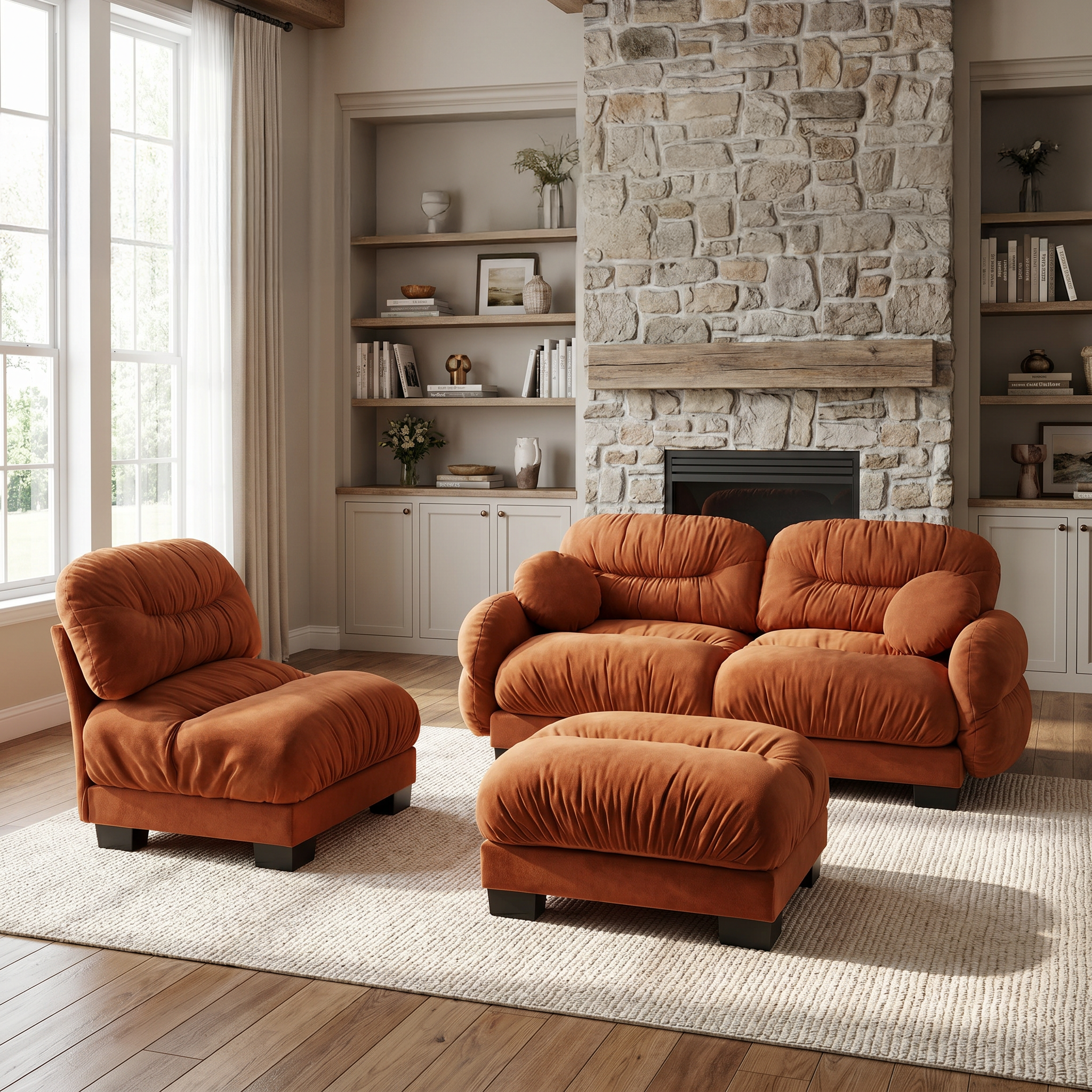 Seattle orange sectional sofa in a bright farmhouse-inspired living room with stone fireplace backdrop