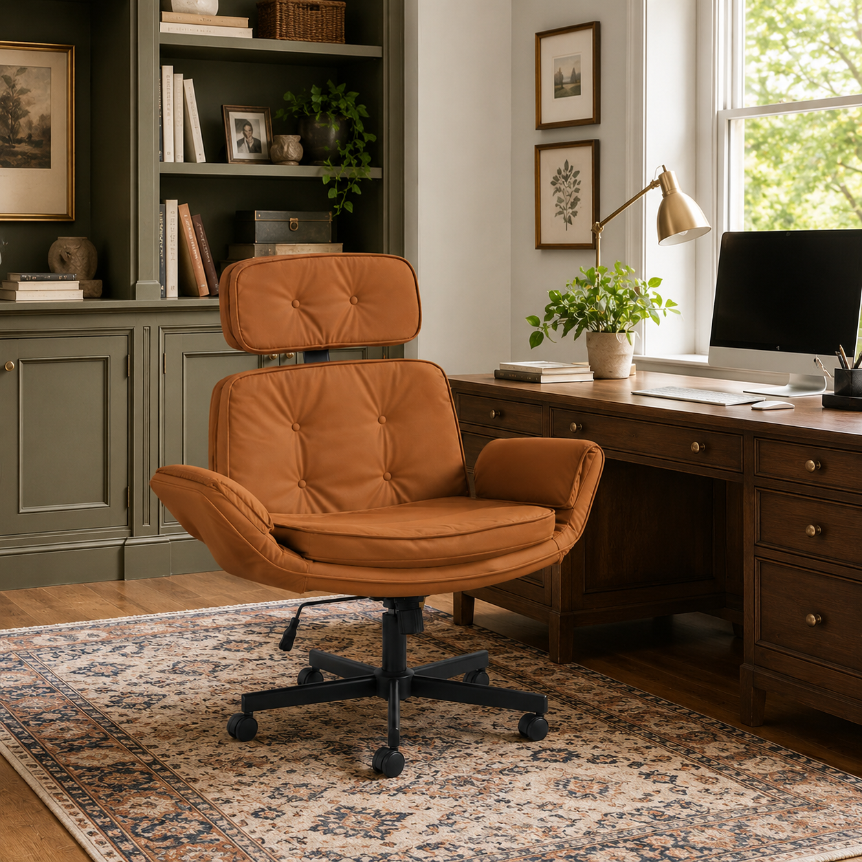 Selva brown office chair showing a wide cushioned seat beside a wood desk and shelving in a home office