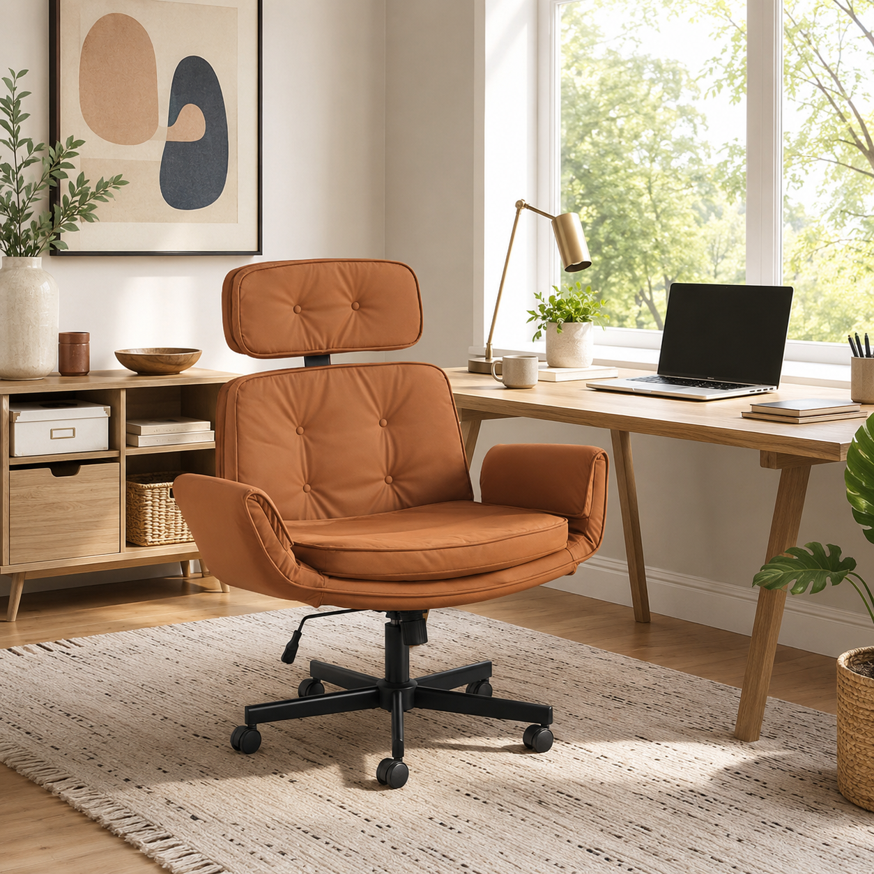 Selva brown office chair showing a home workspace with desk large window and framed wall art