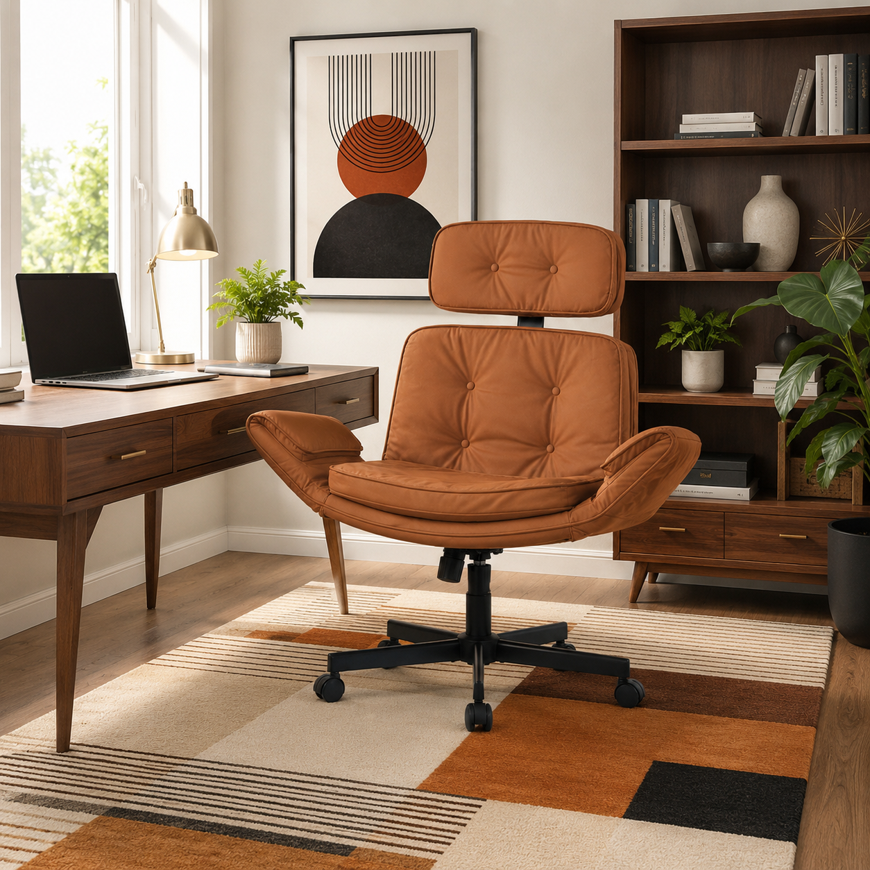 Selva brown office chair showing an ergonomic workspace with desk shelving and warm wood flooring