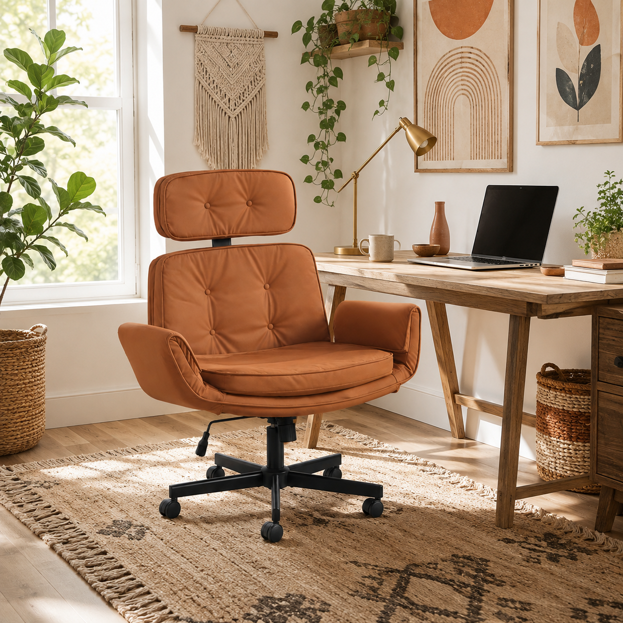 Selva brown office chair showing a wide cushioned seat in a styled home office with wall decor