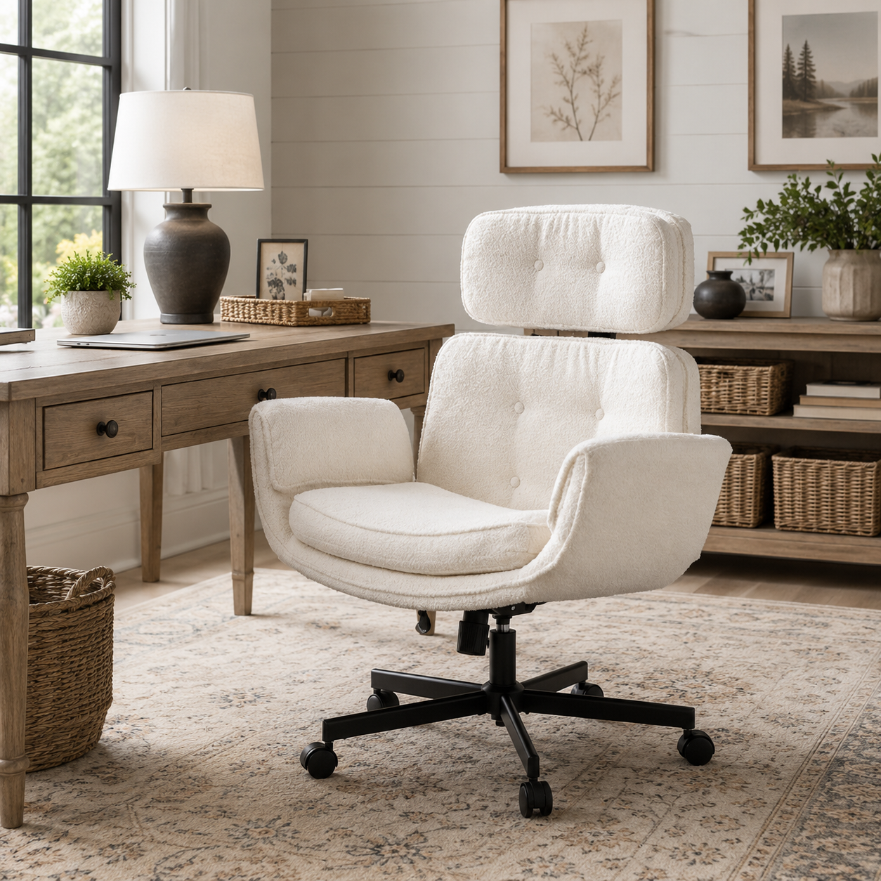 Selva ivory office chair showing a wide seat and removable headrest beside a wood desk in a bright home office