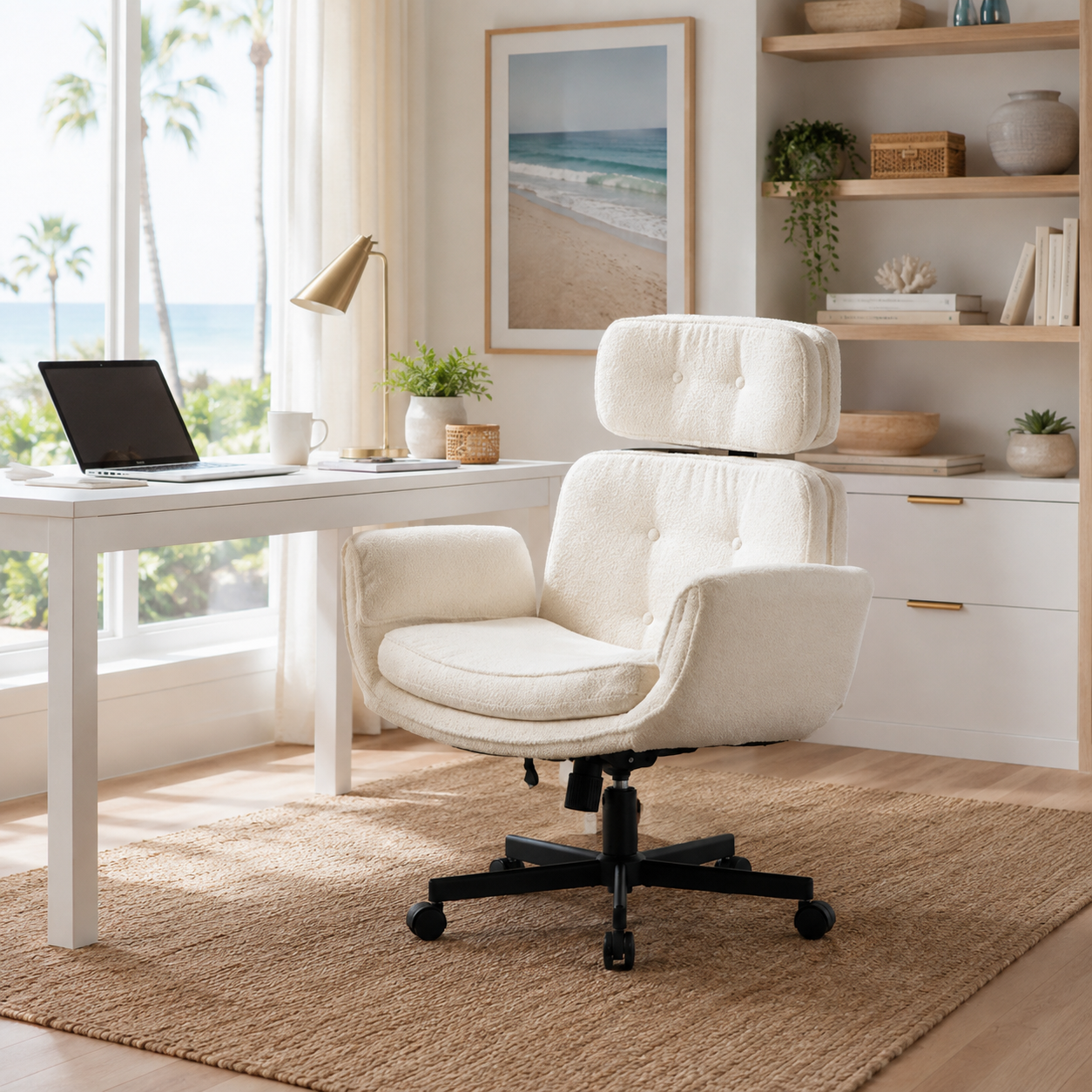 Selva ivory office chair showing a wide cushioned seat beside a desk and shelving in a bright workspace
