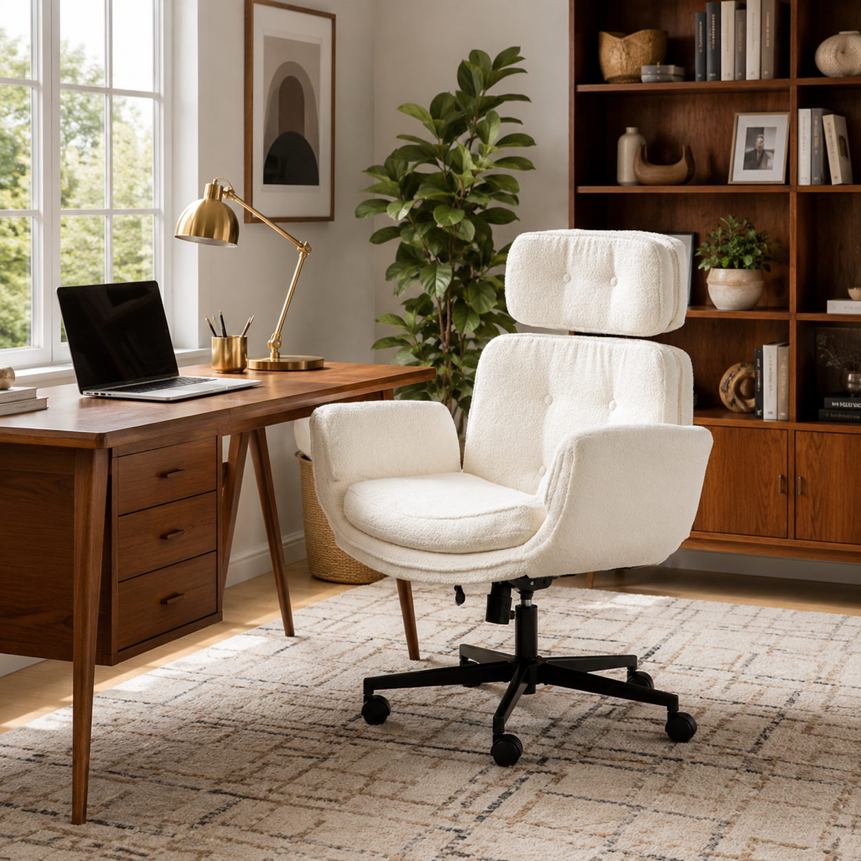 Selva ivory office chair showing a home office setup with desk shelving and warm wood furniture