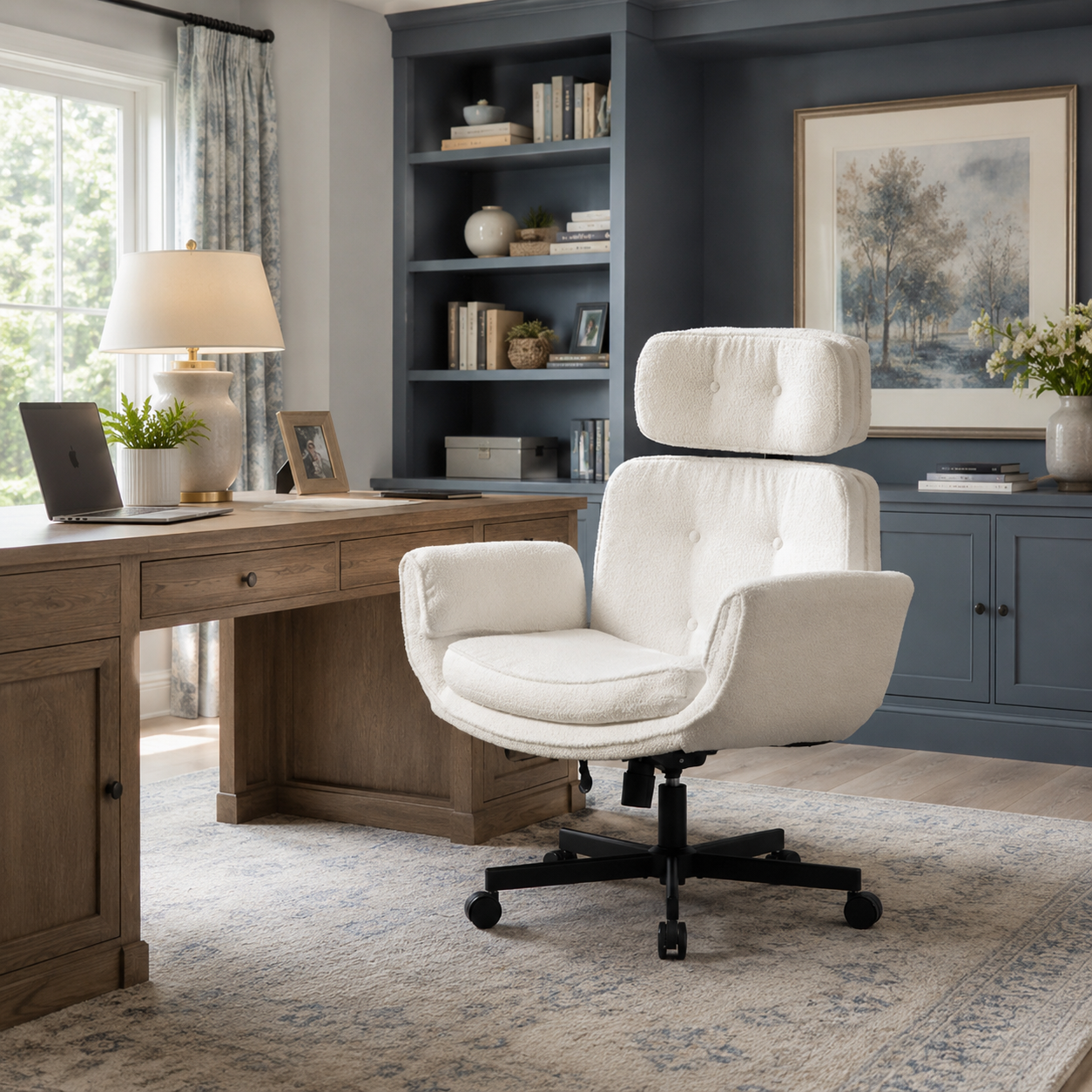 Selva ivory office chair showing a wide seat beside a desk and large window in a neutral home office