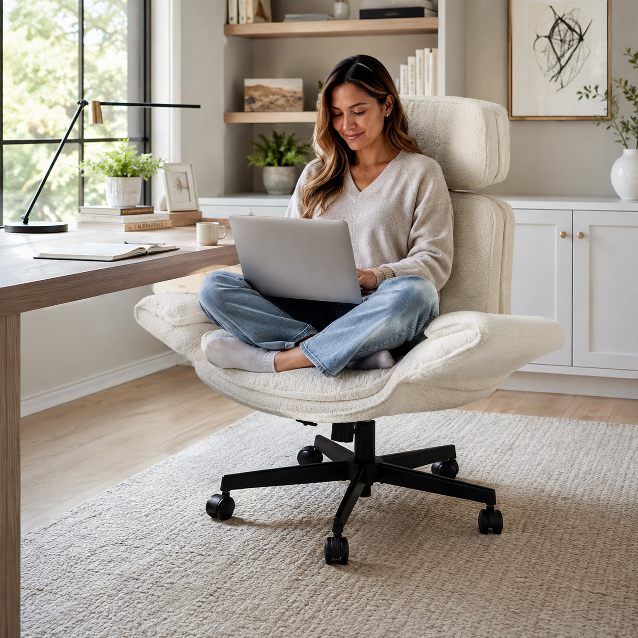 Selva ivory office chair showing a woman seated cross-legged while using a laptop in a bright room