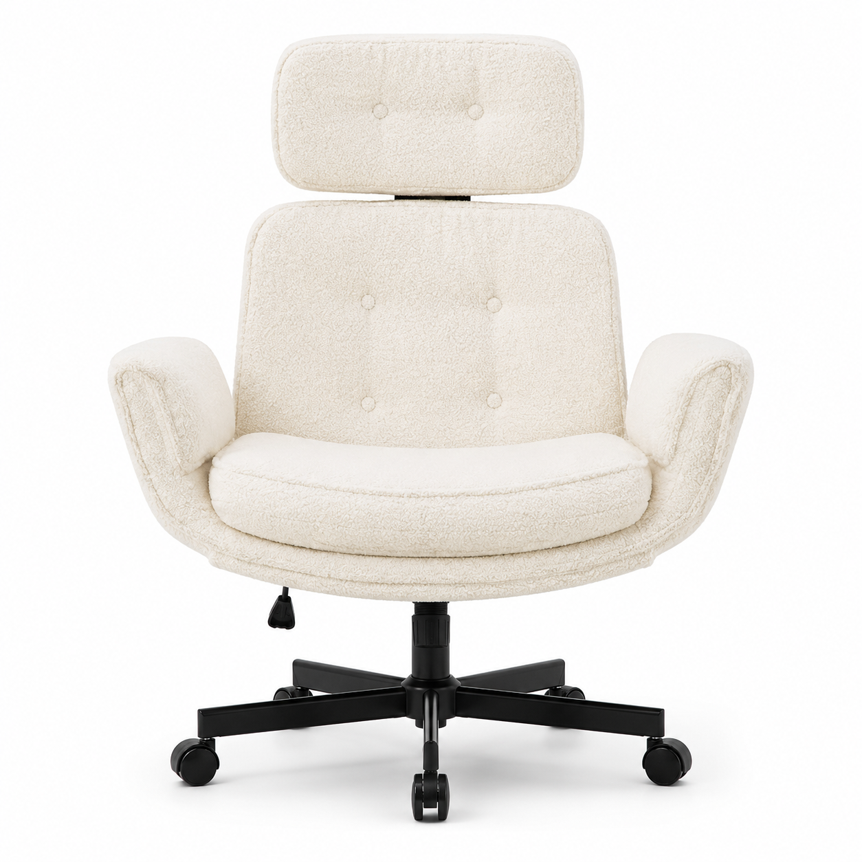 Selva ivory office chair showing the front view with wide seat flip-up arms and removable headrest
