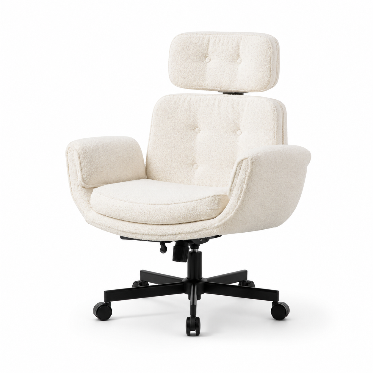 Selva ivory office chair showing an angled front view with padded seat headrest and swivel base