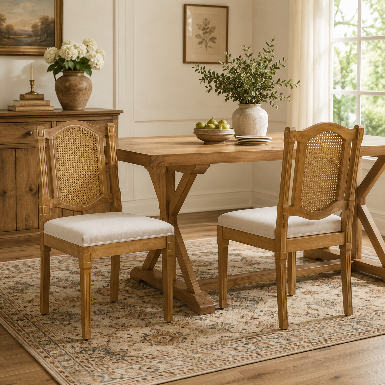 Shannon beige dining chairs showing a pair around a wood table in a warm neutral dining room