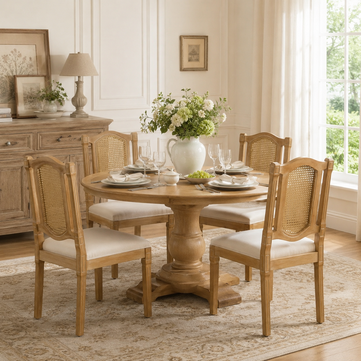 Shannon beige dining chairs showing four cane-back chairs around a rectangular dining table