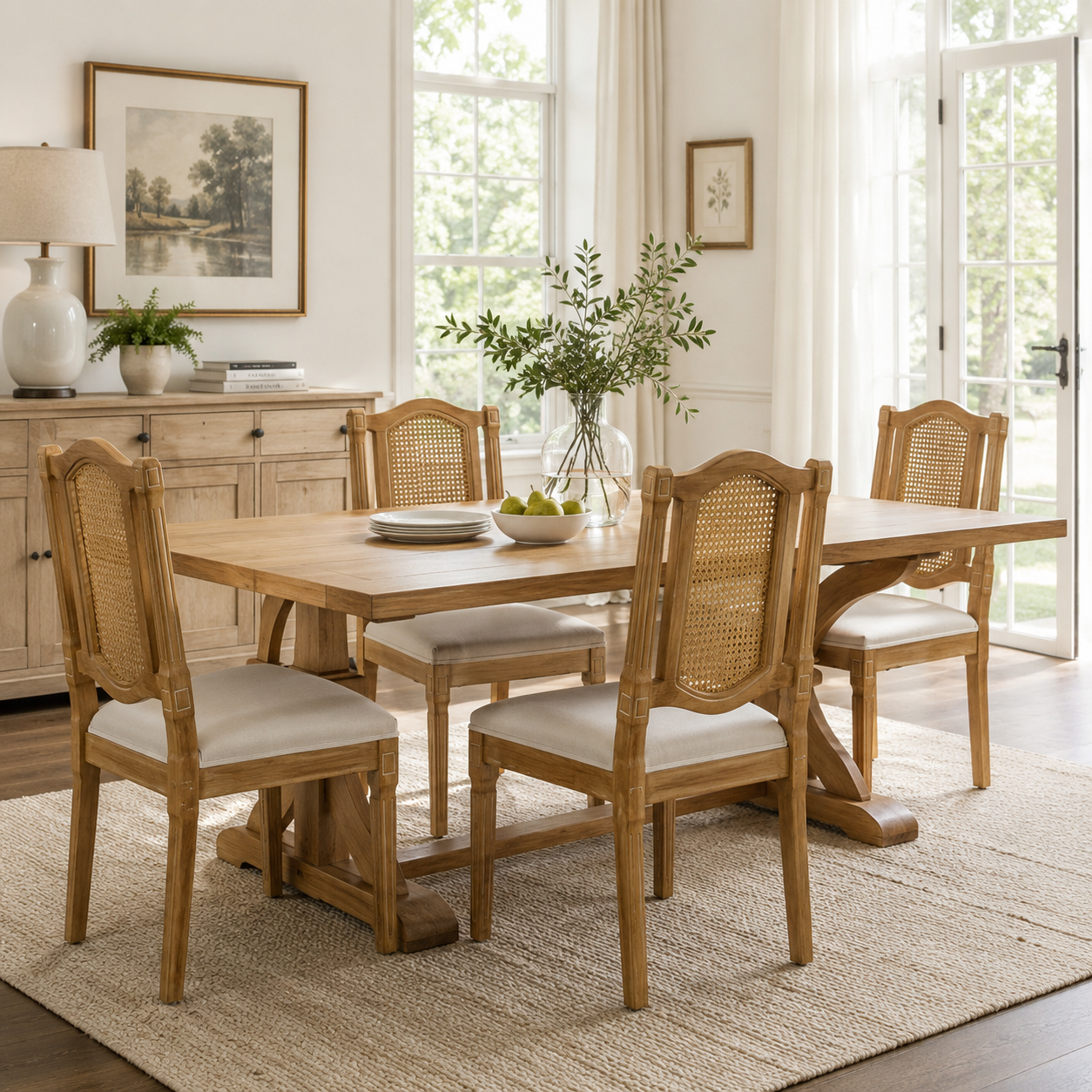 Shannon beige dining chairs showing a dining set near tall windows and a wood sideboard