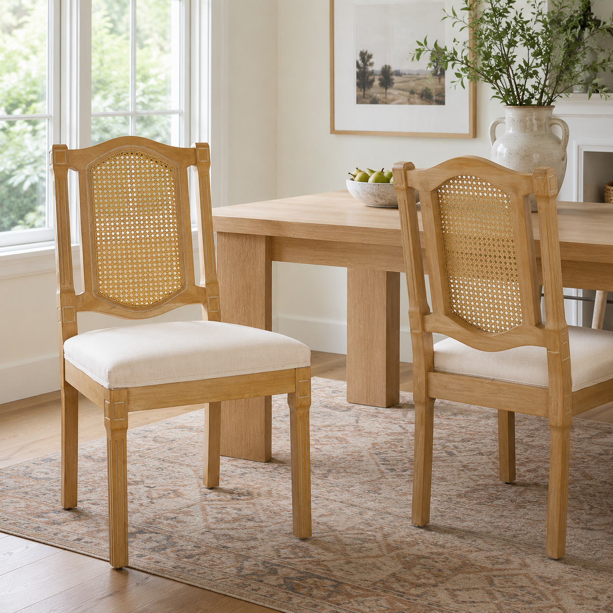 Shannon beige dining chairs showing front and rear cane-back views beside a wood table