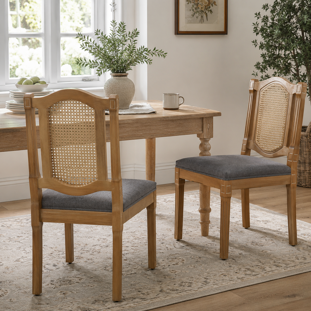 Shannon gray dining chairs showing a pair with cane backs beside a rectangular wood dining table