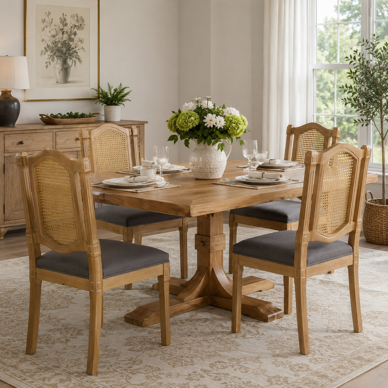 Shannon gray dining chairs showing four cane-back chairs around a rectangular wood table