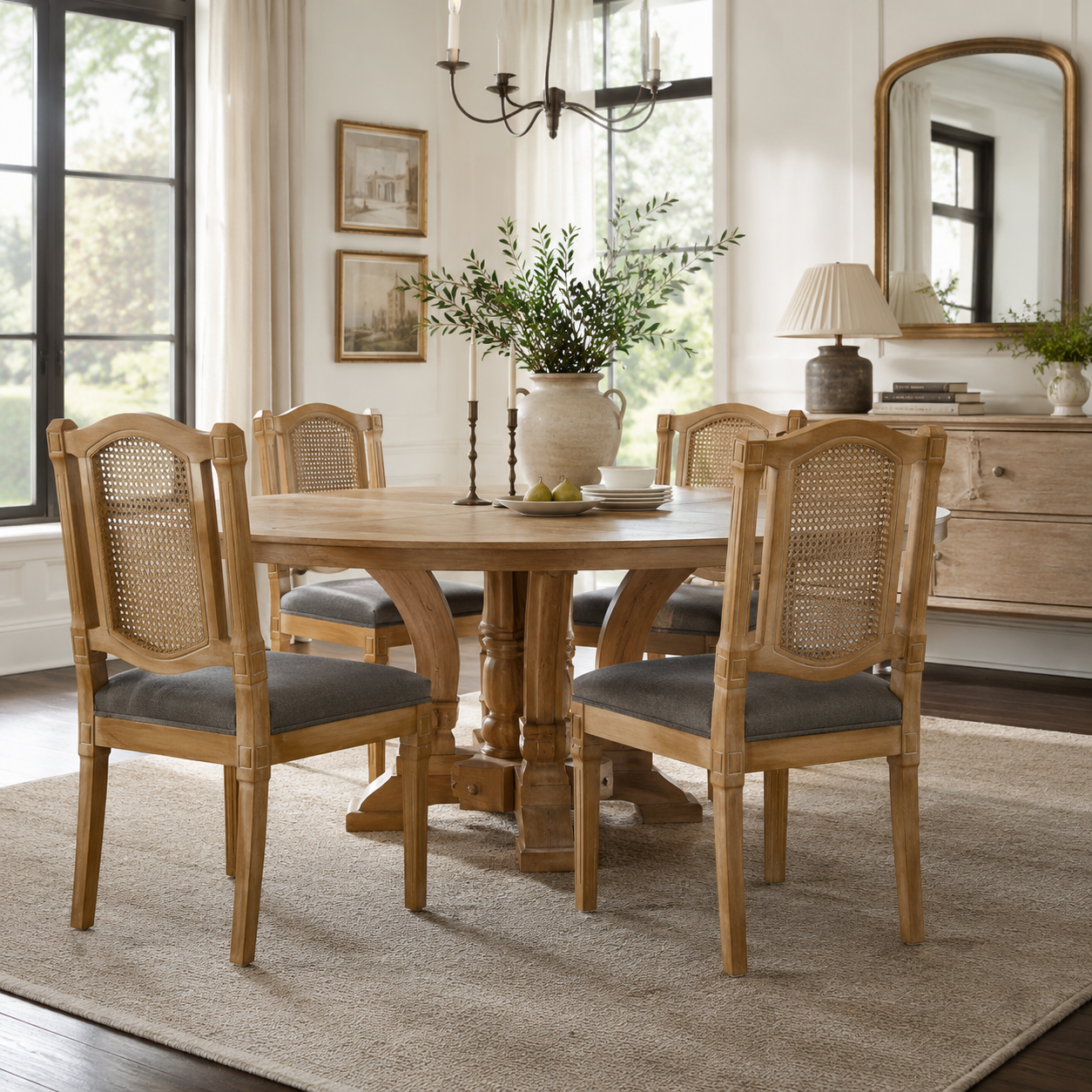 Shannon gray dining chairs showing a pair beside a wood table in a bright neutral dining room