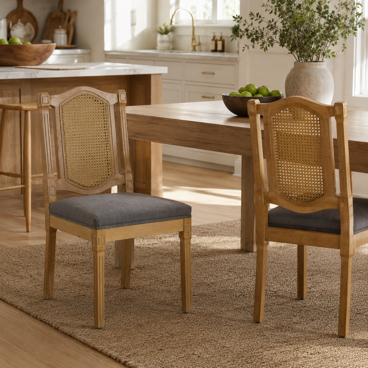 Shannon gray dining chairs showing front and rear views around a rectangular dining table