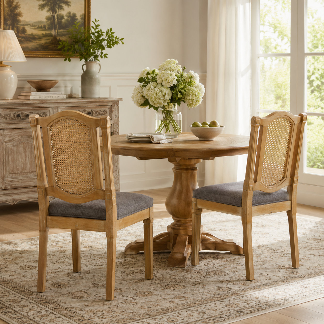 Shannon gray dining chairs showing front and rear views around a rectangular dining table