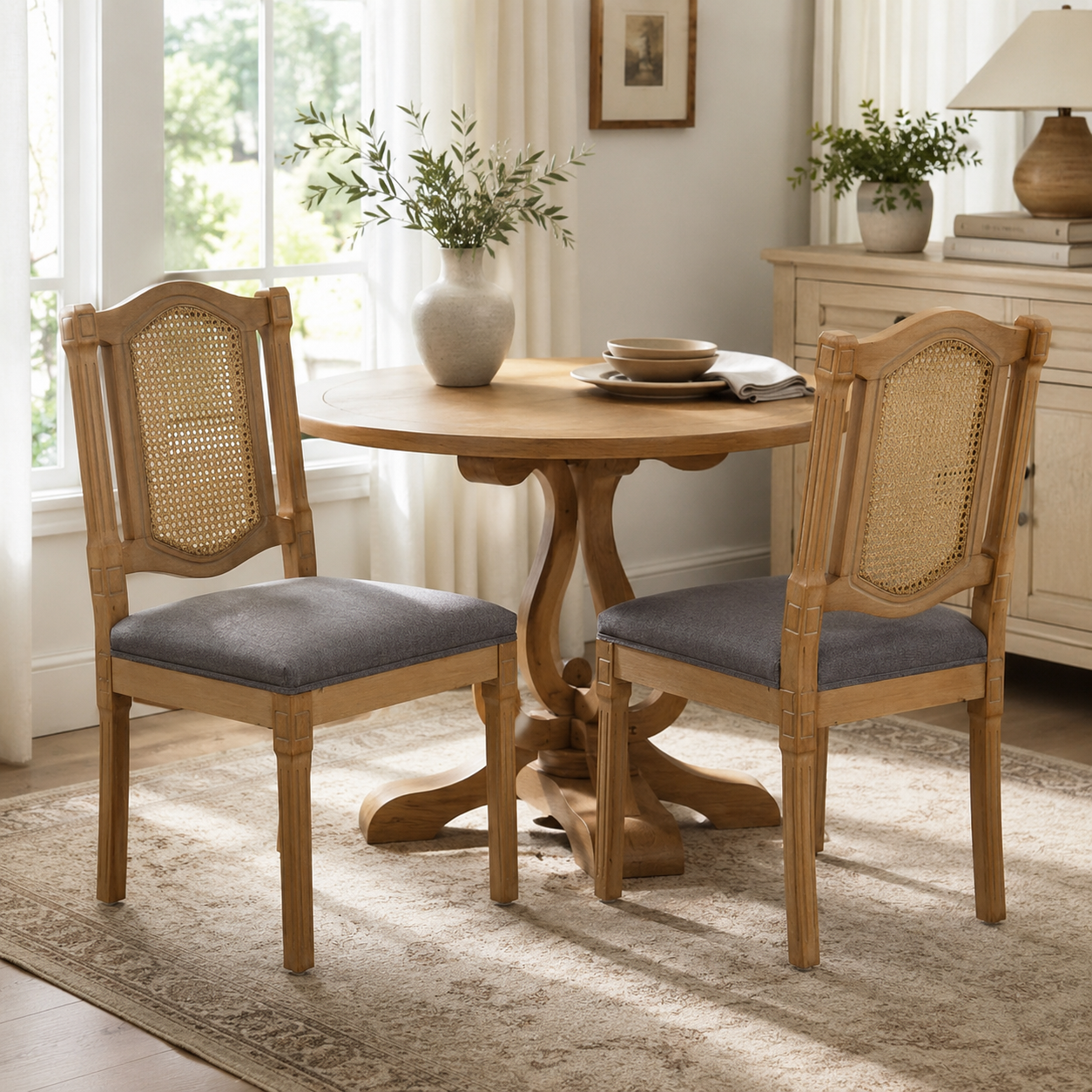 Shannon gray dining chairs showing a pair beside a wood table in a bright neutral dining room
