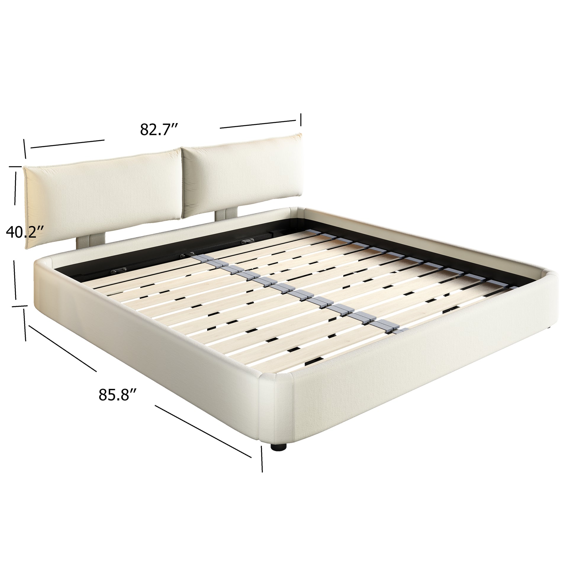 Sigtuna beige king size chenille upholstered bed dimensions and wooden slat support details