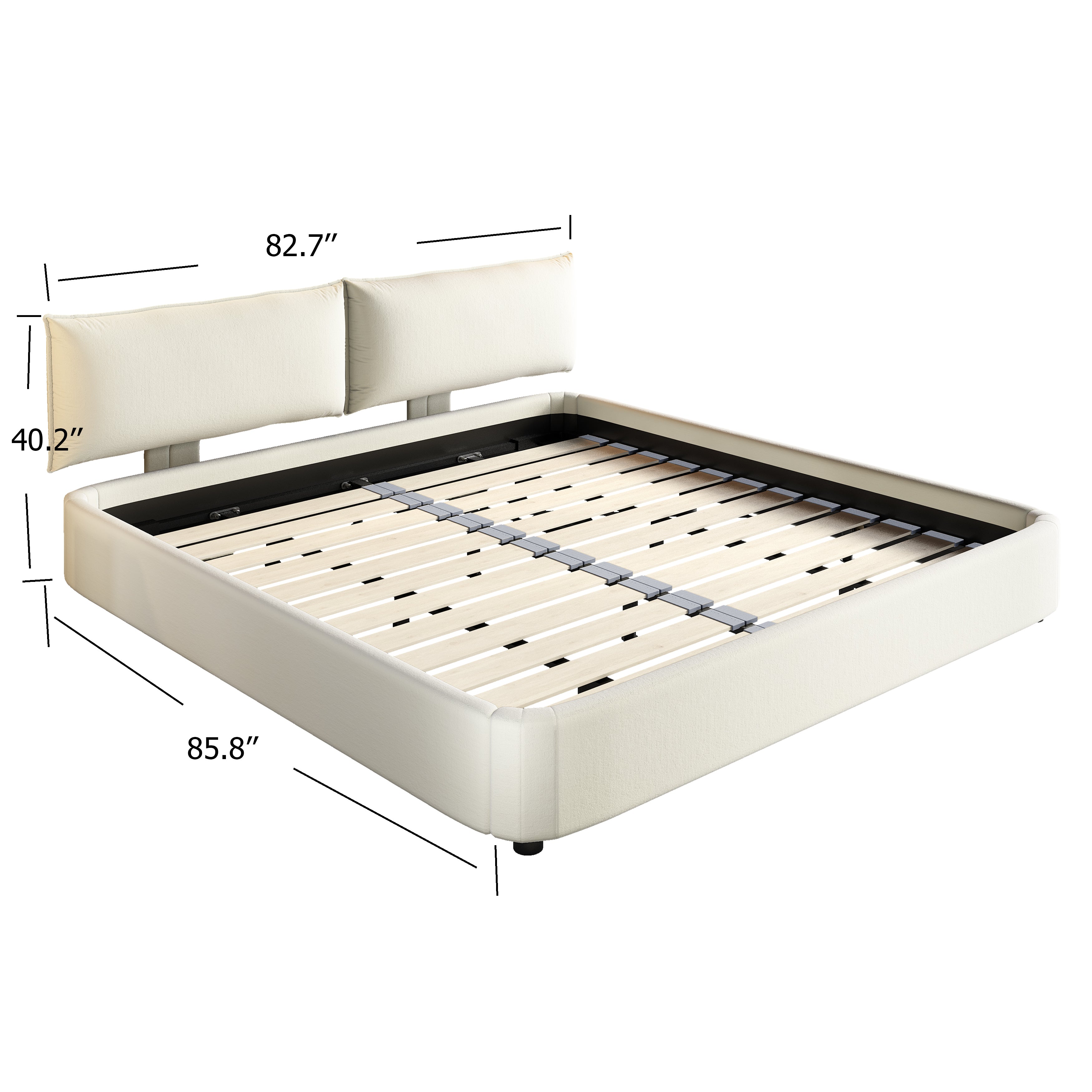 Sigtuna beige king size chenille upholstered bed dimensions and wooden slat support details