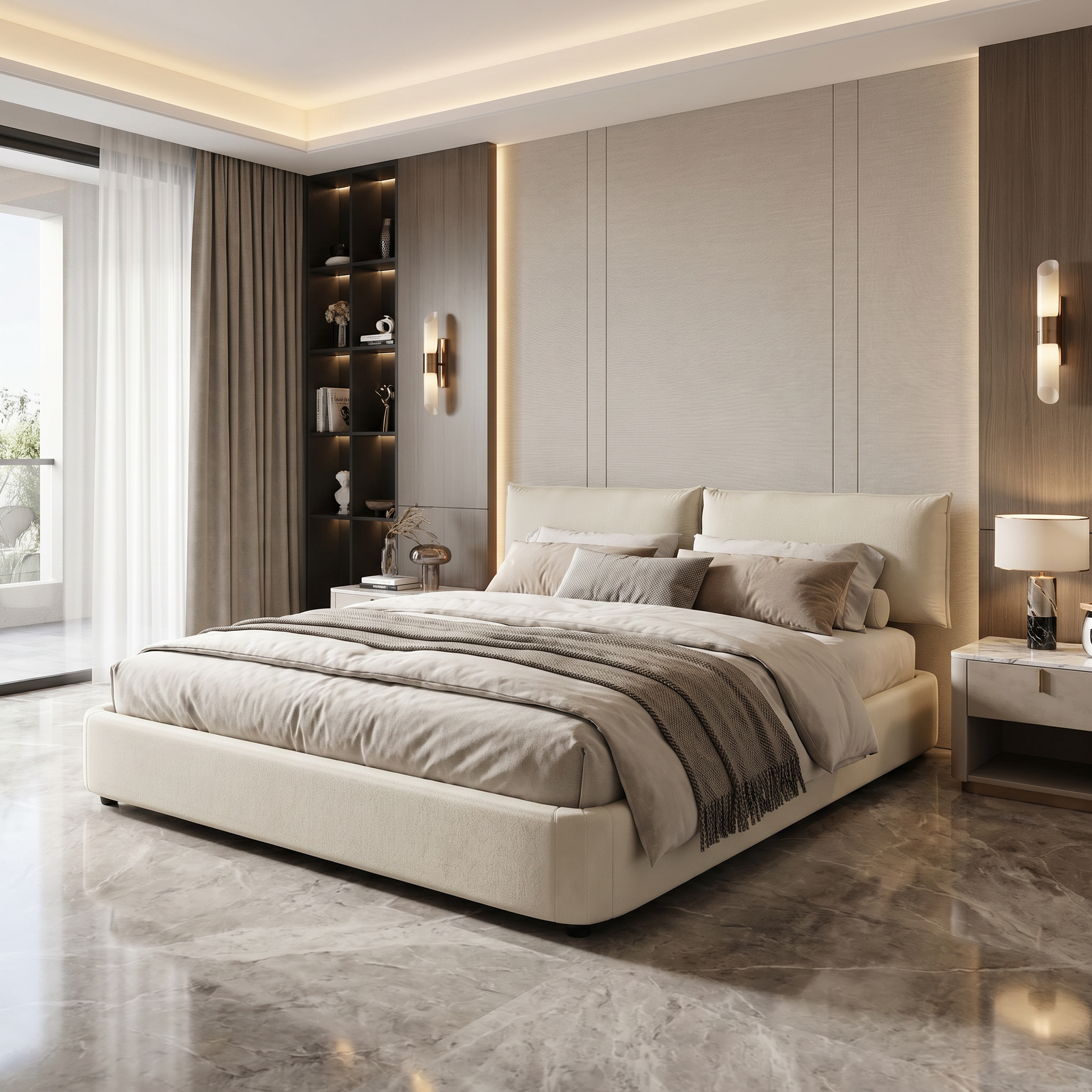 Sigtuna beige king size chenille upholstered bed styled in modern bedroom with oversized padded movable headboard