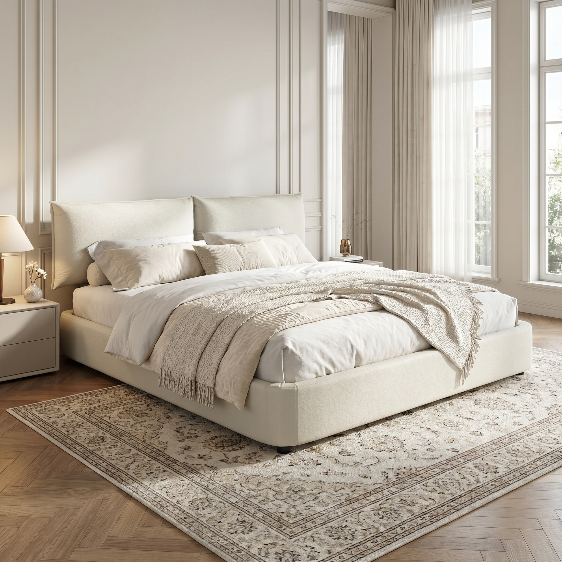 Sigtuna beige king size chenille upholstered bed styled in elegant bedroom with soft neutral decor