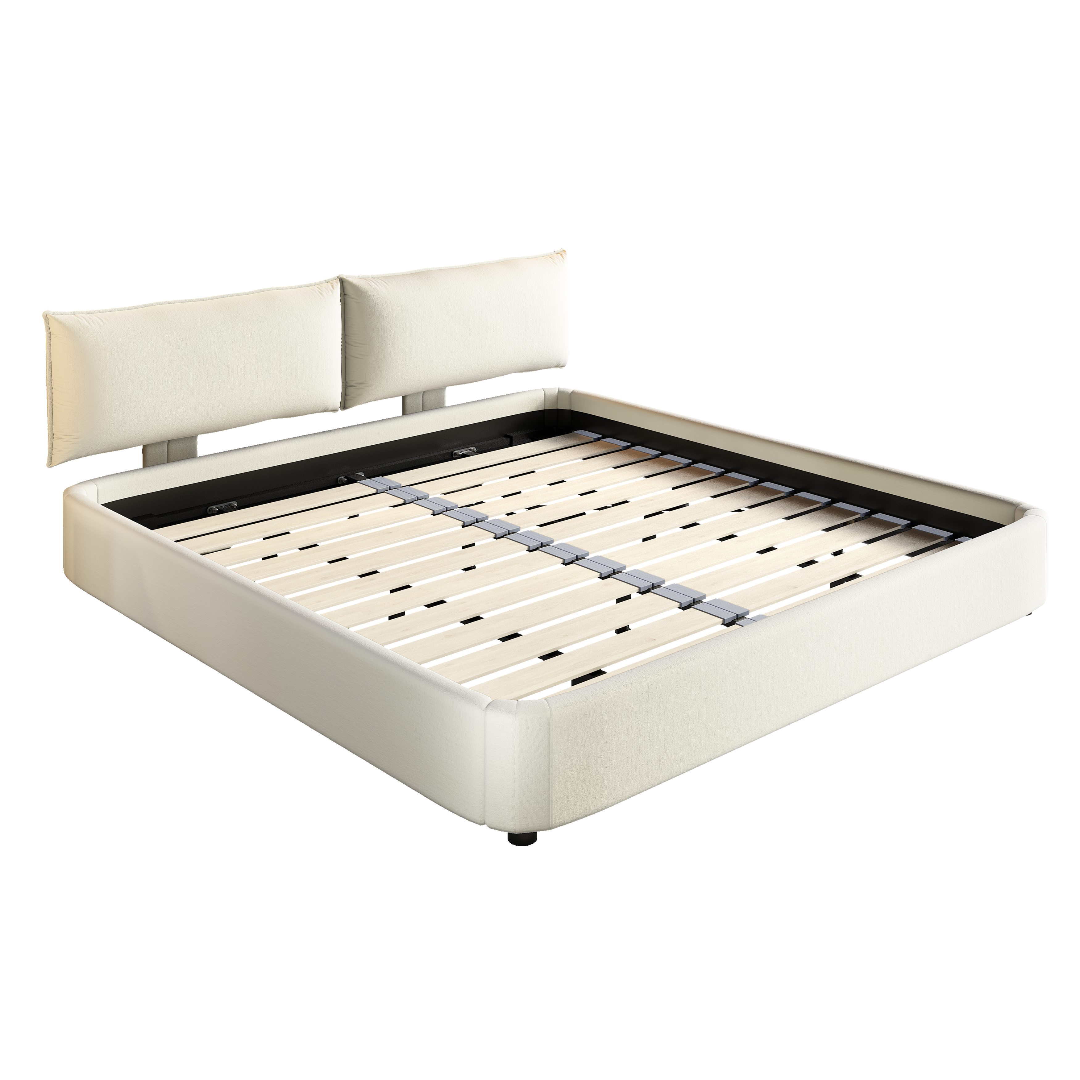 Sigtuna beige king size chenille upholstered bed frame showing front angled view isolated bed image on white background