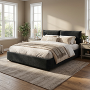 Sigtuna black king size chenille upholstered bed styled in warm modern bedroom with neutral decor
