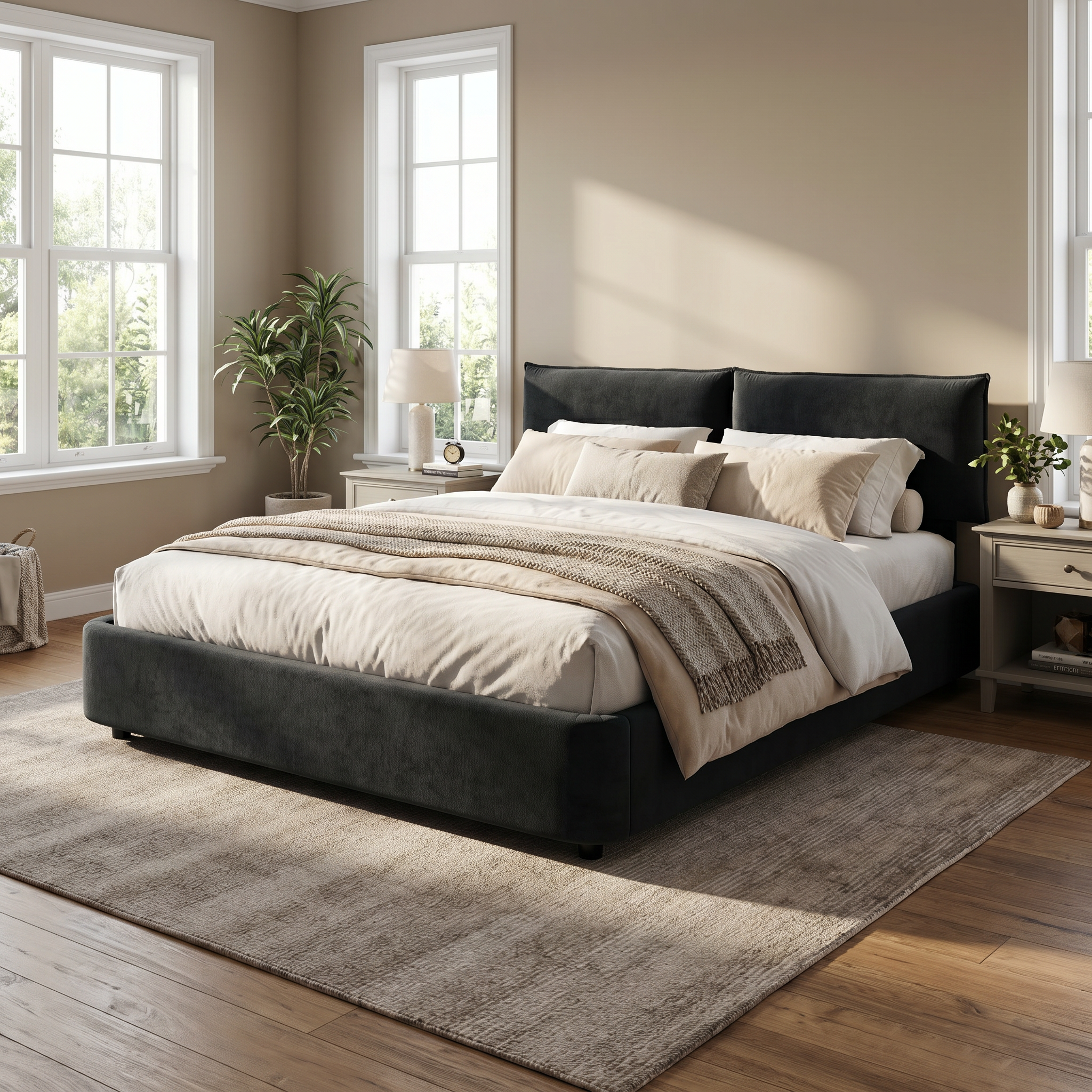 Sigtuna black king size chenille upholstered bed styled in warm modern bedroom with neutral decor