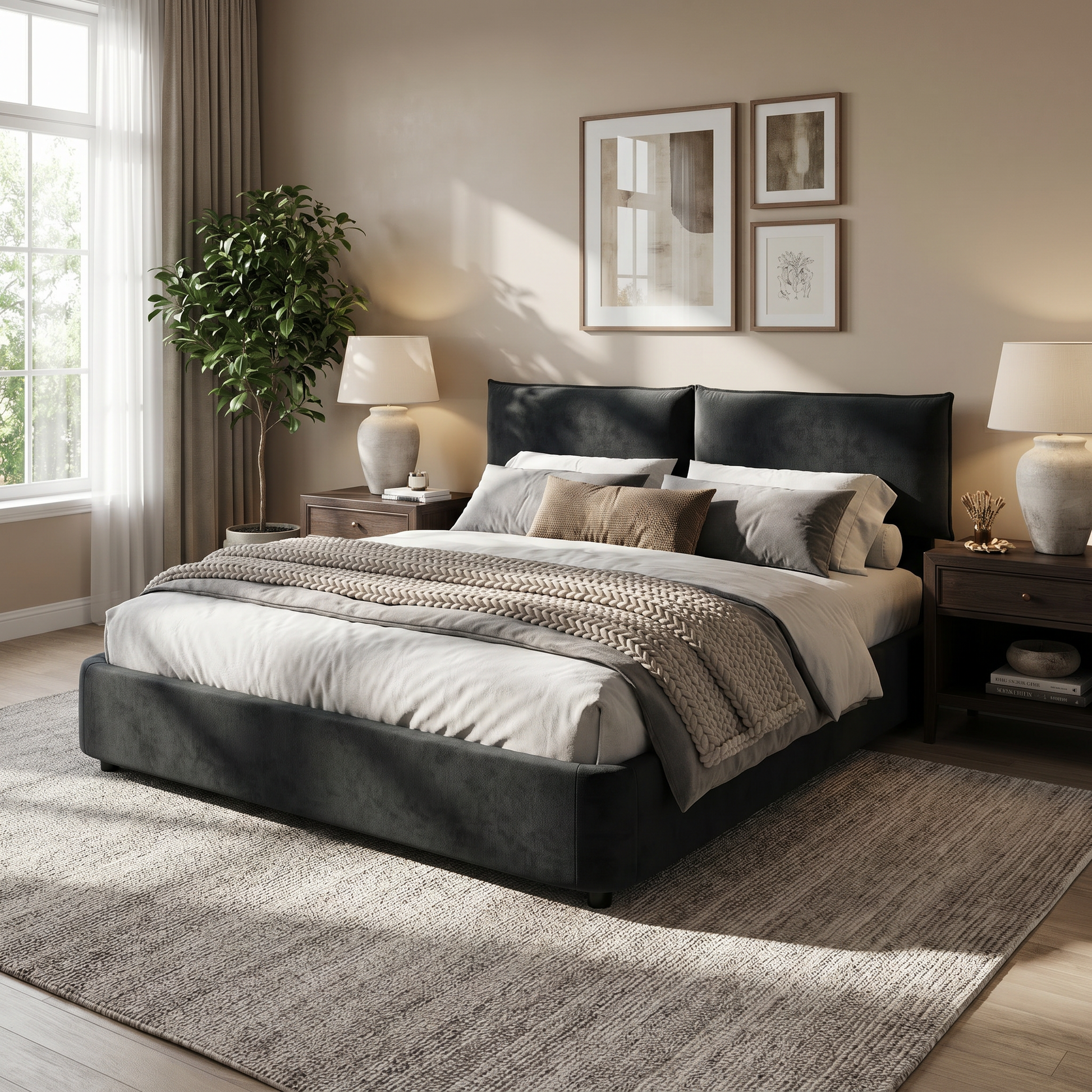 Sigtuna black king size chenille upholstered bed styled in cozy bedroom with wood nightstands